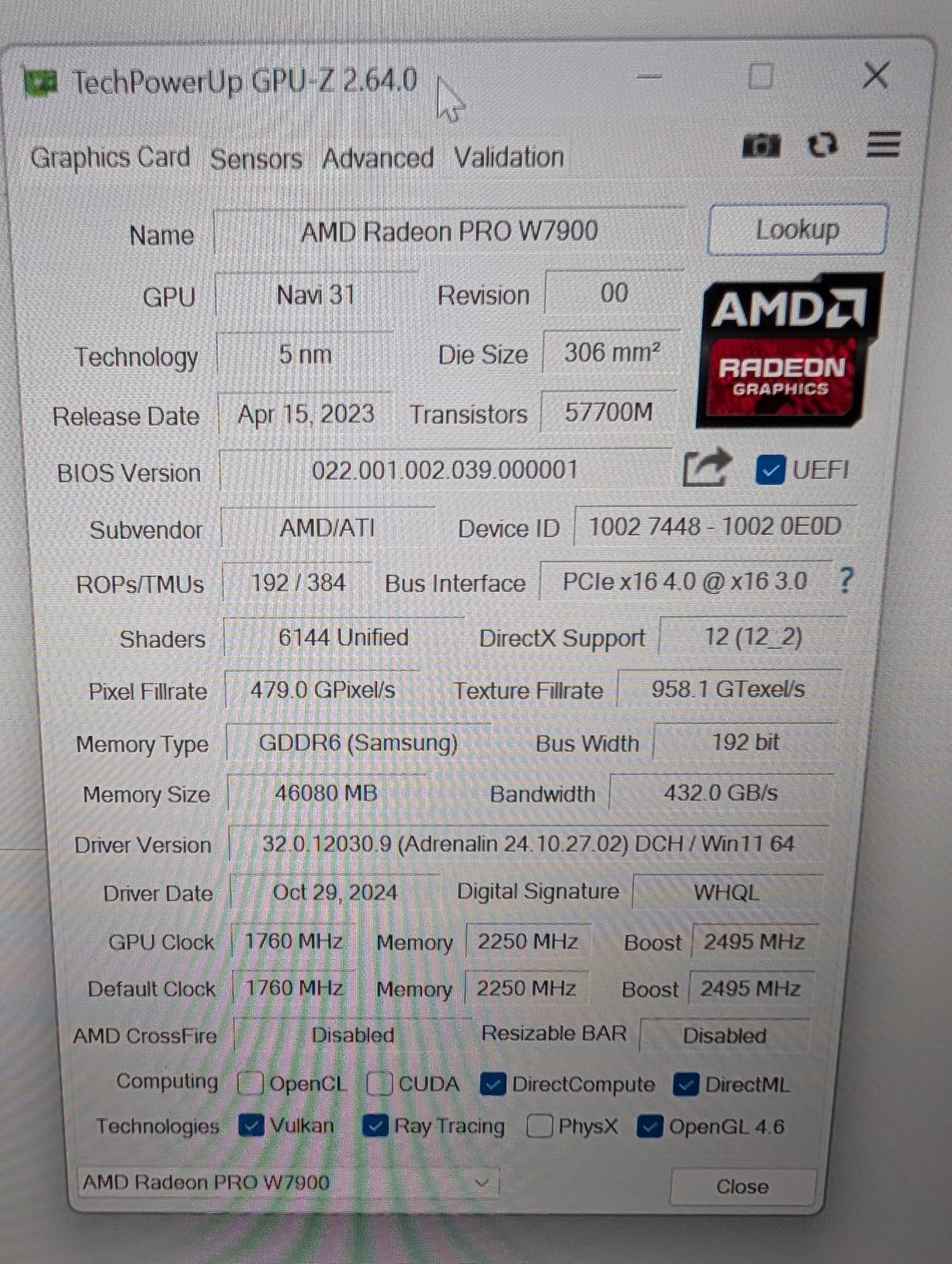Radeon Pro W7900 Professional Graphics Card, Workstation, AI, 3D Rendering, 48GB GDDR6, AV1, 61 TFLOPS, 96CUS, 295W TDP, 8K, 1x Mini DisplayPort, 3 x DisplayPort 2.1 customer photo 1