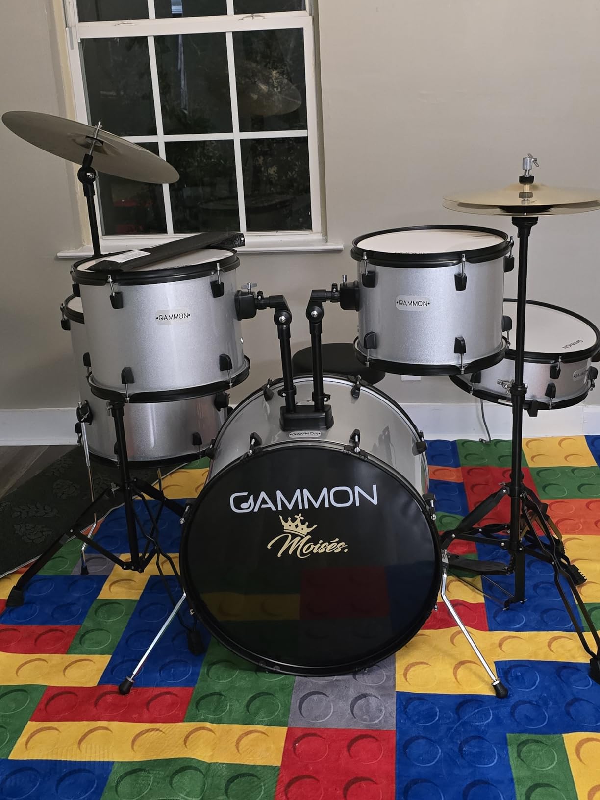 Gammon Percussion Full Size Complete Adult 5-Piece Drum Set with Cymbals, Stands, Stool, and Sticks - Silver customer photo 1