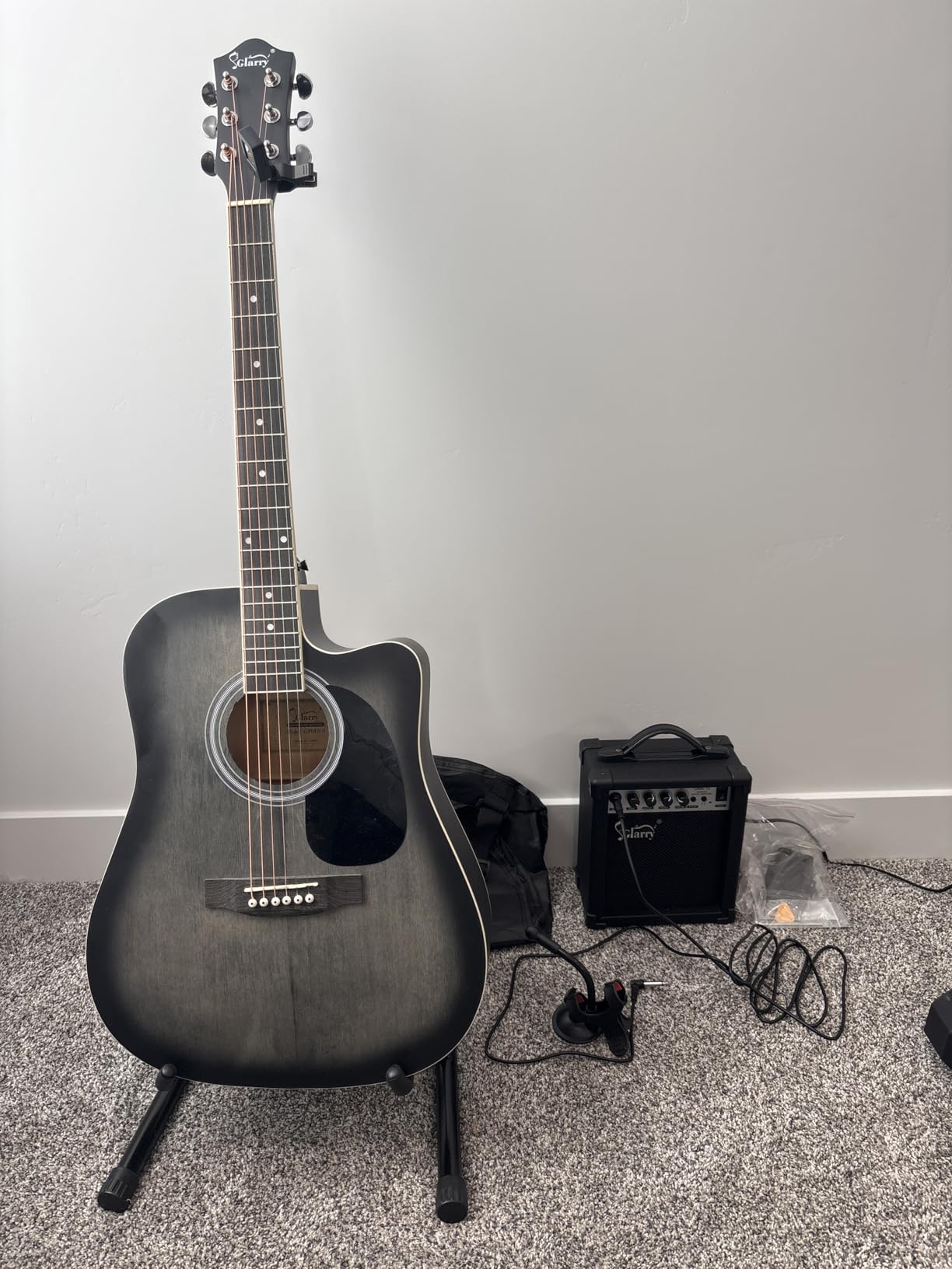 GLARRY Full Size 6 Strings Acoustic Electric Guitar Beginner Kit w/ 15W Amp, Cutaway 41 Inch Electric Acoustic Guitar w/Inbuilt Tuner, Bag, Strap, Picks, Strings, Basswood Guitarra, Distressed Black customer photo 1