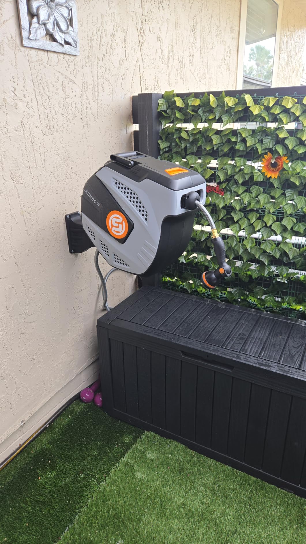 SUNPOW Retractable Garden Hose Reel - 1/2 inch x 50ft Wall Mounted Hose Reel with 3/4 inch Brass Fitting & 10 Function Sprayer Nozzle - Any Length Lock, Auto Rewind System, 180°Swivel Bracket - Grey customer photo 2