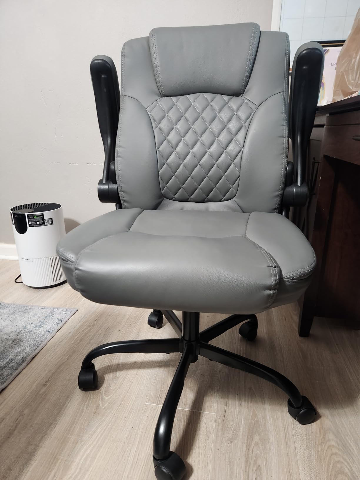 Leather Office Chair, PU Home Computer Desk Chairs with Ergonomic Back Support, 360 Swivel Free, Small Gaming Chair with Wheels and Adjustable Armrests, for Short People Use, Black customer photo 2