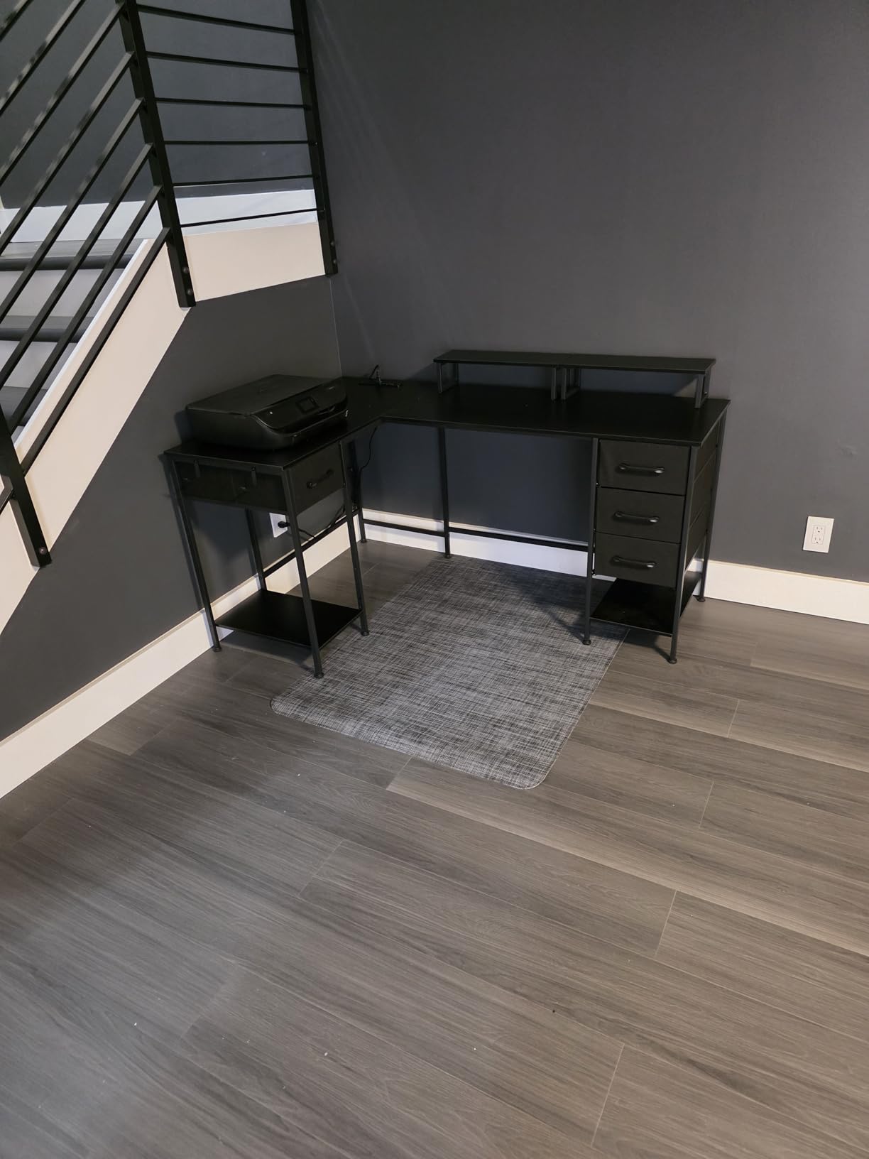 Korfile 59 inch L Shaped Computer Desk with Power Outlets, Home Office Desk with 4 Adjustable Storage Drawers & 2 Monitor Stands, Two Person Gaming Table for Bedroom, Black customer photo 1