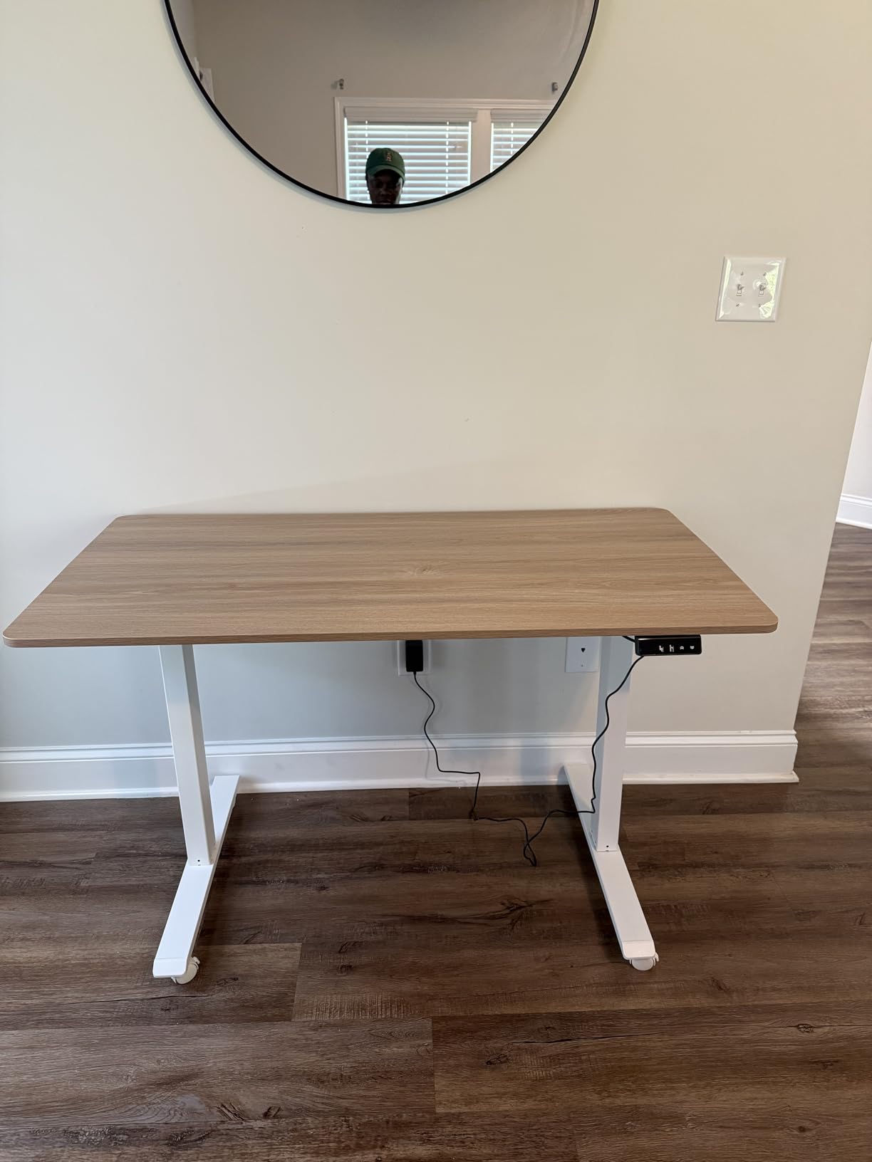 TIQLAB Electric Height Adjustable Standing Desk 47.2x23.6 inch, Sit Stand Desk with Splice Board, Memory Controller, White Frame & Maple Top Computer Workstation for Home Office customer photo 2