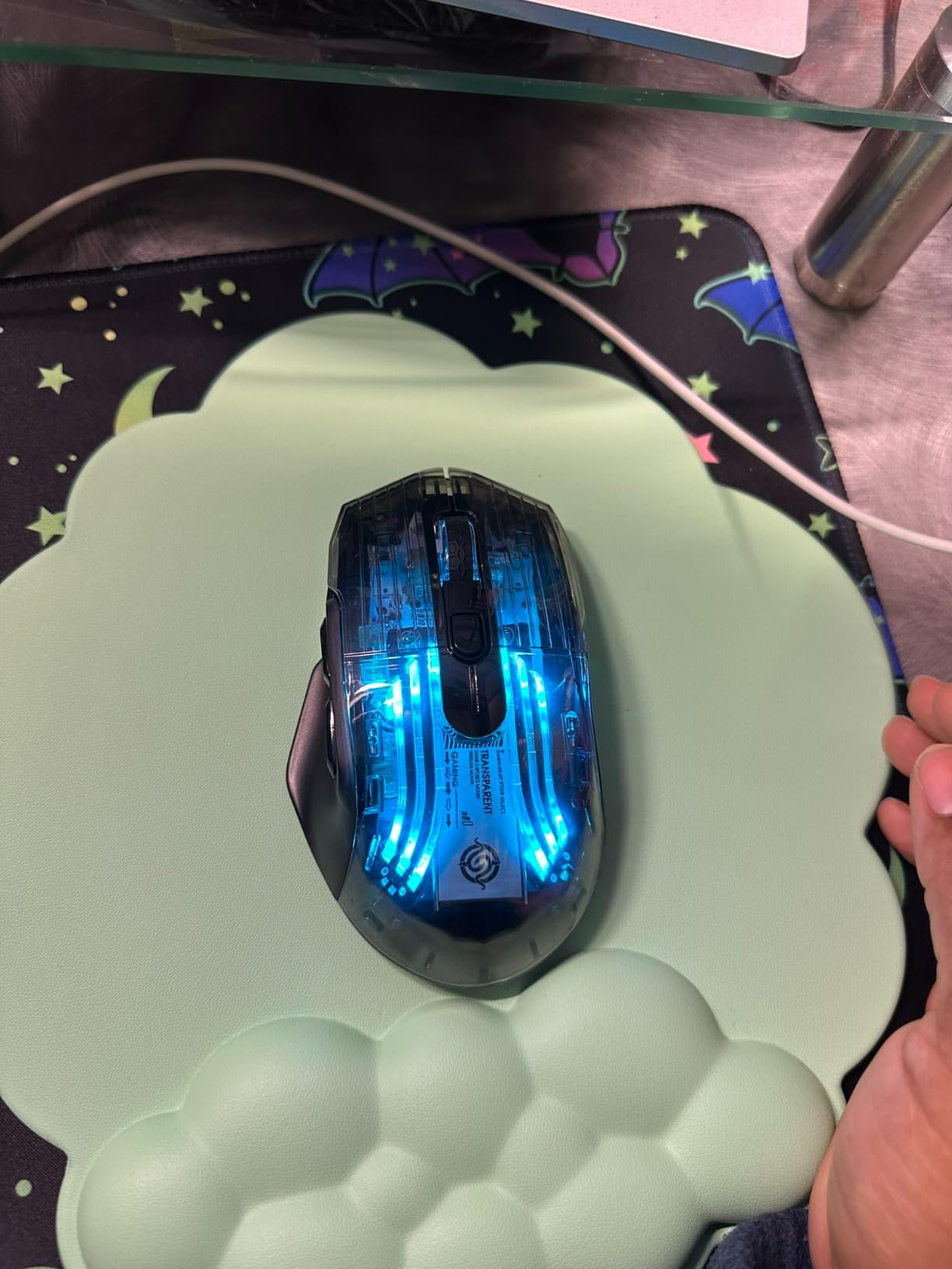 Docooler Wireless Gaming Mice with Transparent Crystal Shell, Tri-Modes(USB Wired+2.4G Wireless+Bluetooth), 3600DPI Adjustable E-Sports Mice, RGB Slient Mouse with Ergonomics Design - White/Black customer photo 1