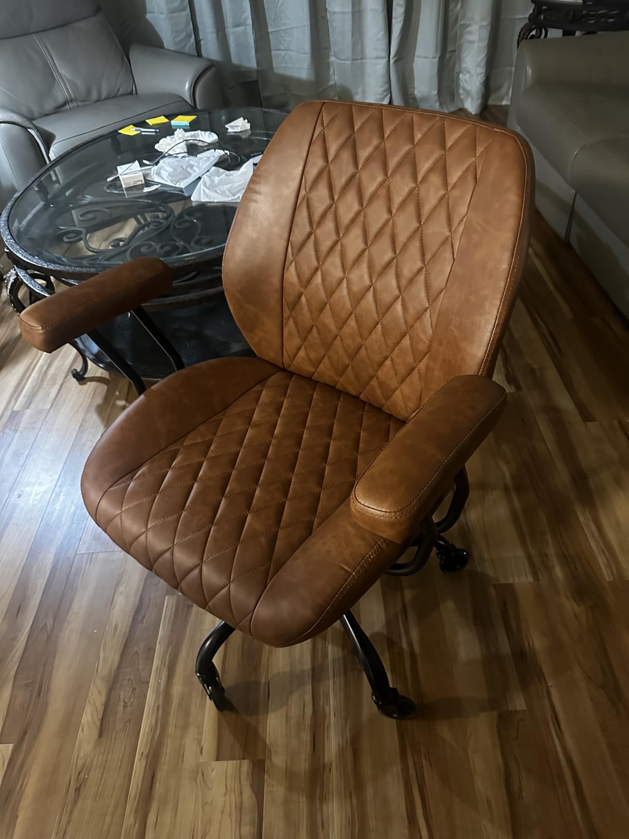 YFO Home Office Desk Chair Office Rubber Casters Ergonomic Computer Chair with Lumbar Support Adjustable Height Rolling Swivel Executive Task Armrests Chair, Brown Leather customer photo 2
