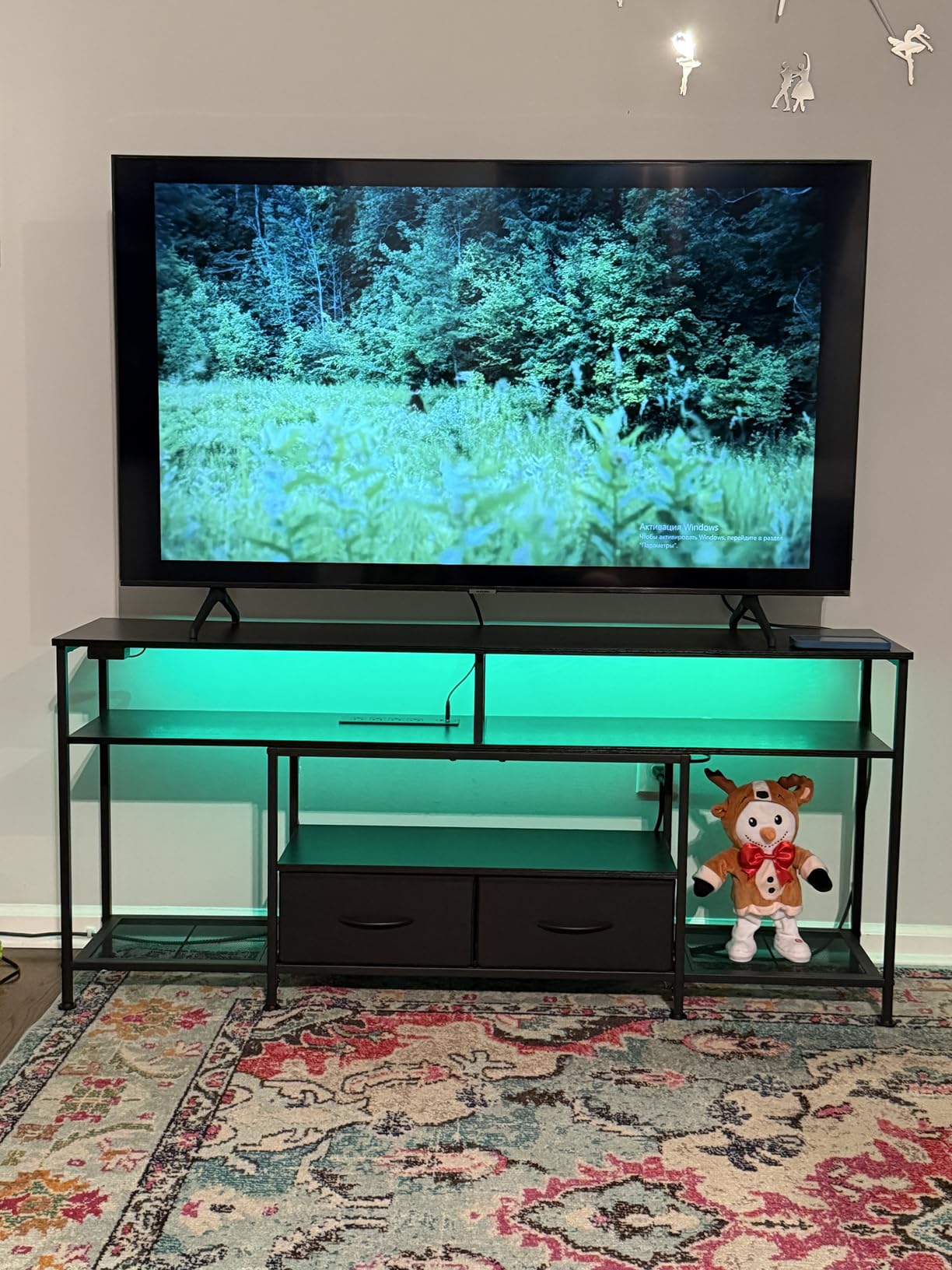 Huuger 63 Inch LED TV Stand for 65 70 Inch TV, Entertainment Center with Open Shelves and Power Outlets, TV Console for Living Room, Media Console with Drawers, Black customer photo 2