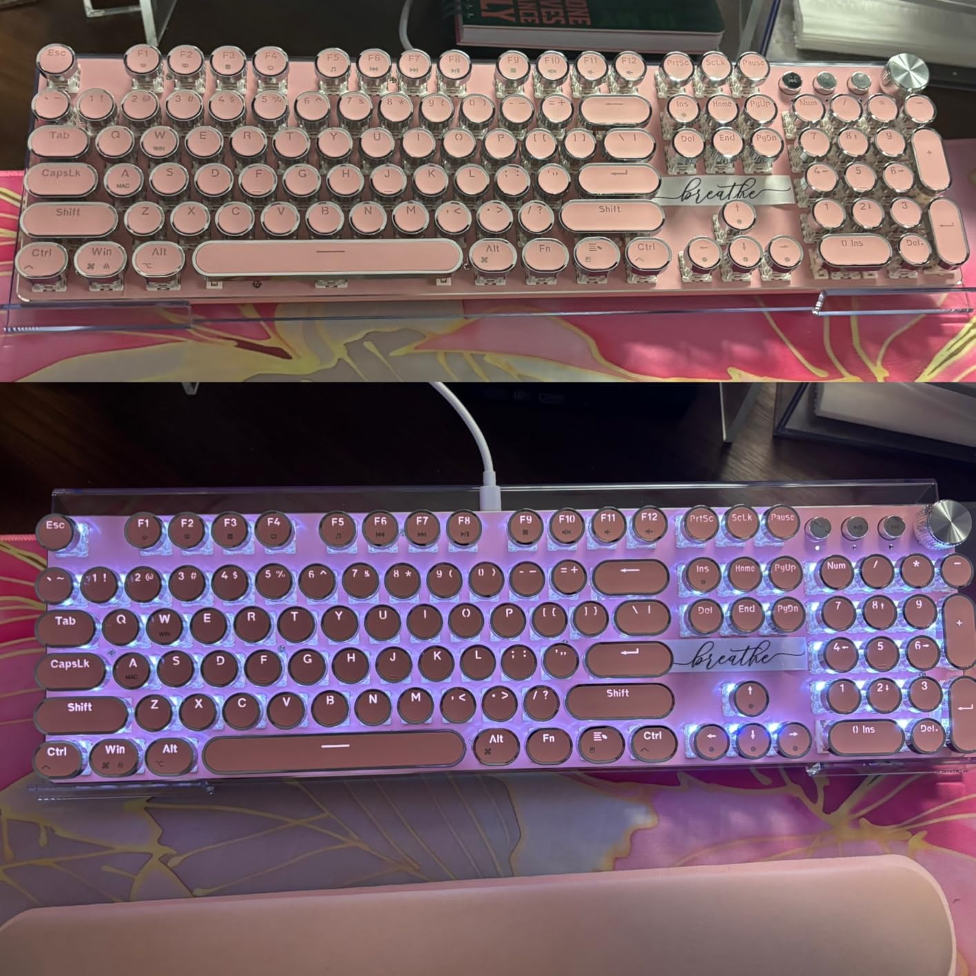 SEUNKWANG EWEADN Typewriter Style Mechanical Keyboard, Wired Typewriter Keyboards,104 Keys Backlit LED Metal Keyboards, Media Control Knob, Wired Computer Keyboard Pink Switch for Windows/PC-Green customer photo 2