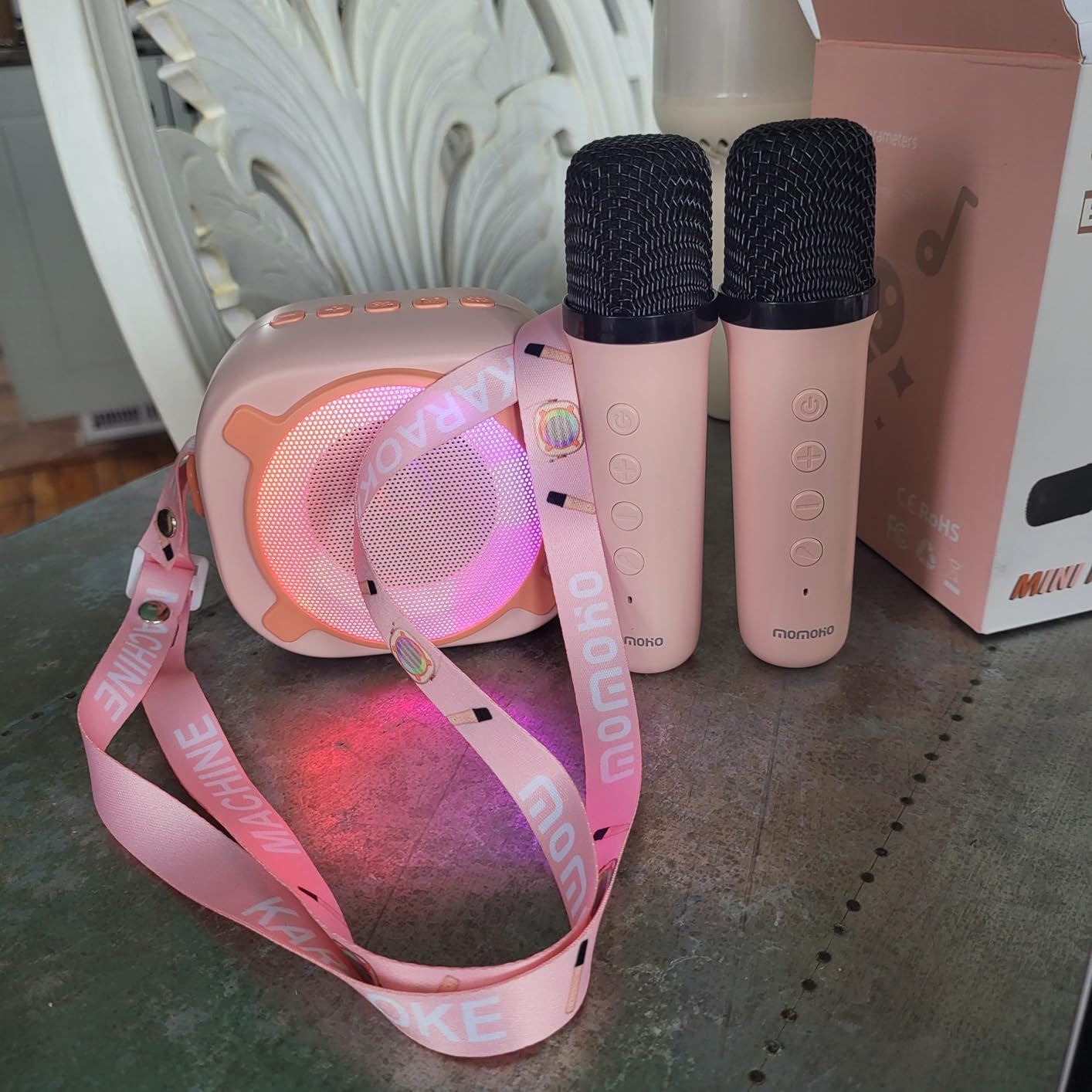 Karaoke Machine for Kids, Mini Portable Bluetooth Speaker with 2 Wireless Microphones and Party LED Lights for Girls Boys Family, Support USB/AUX/TF Card for Birthday Gifts Home Party customer photo 1