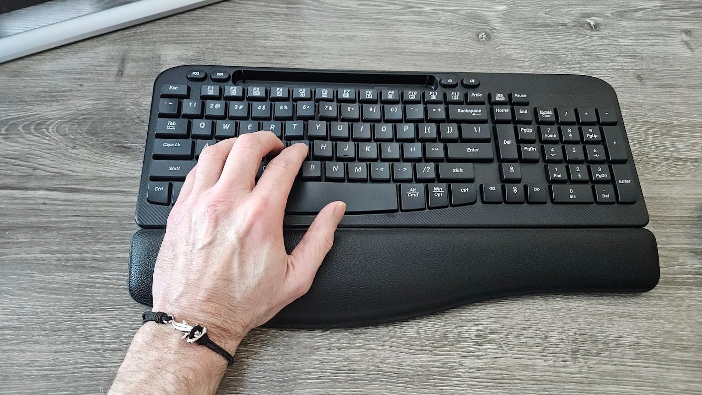 Ergonomic Wireless Keyboard with Cushioned Wrist Rest, Wave Keys, Phone Holder, Comfortable Natural Typing, 2.4GHz Full Size Cordless USB Computer Keyboard for Windows, Mac OS, Laptop, PC (Black) customer photo 2