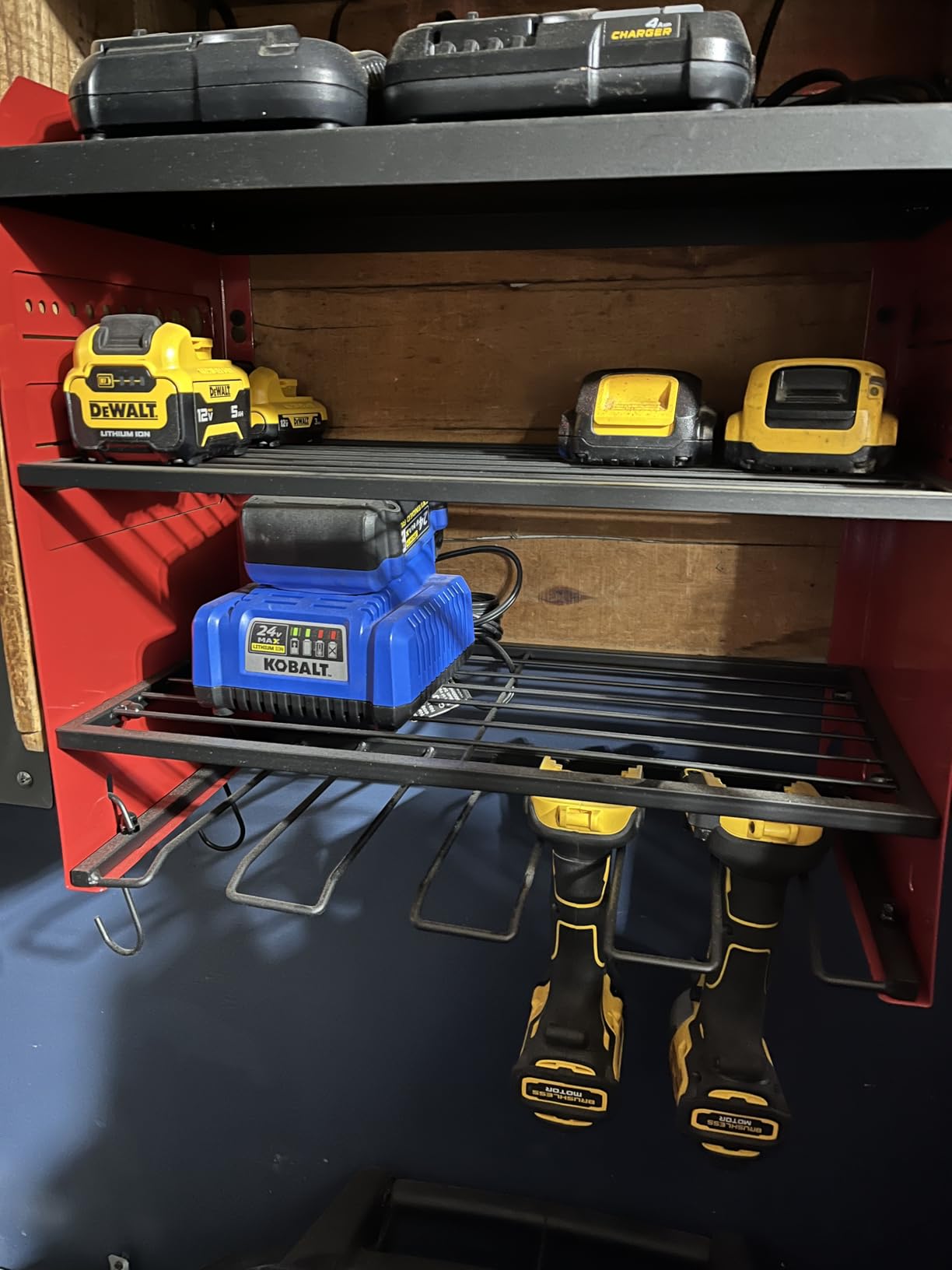 POKIPO Large Power Tool Organizer Wall Mount with Charging Station,4 Layer Heavy Duty Metal Tool Storage Shelf Loads 600lbs, Battery Utility Rack With 4 Outlet Power Strip with 8 Cordless Drill Holder customer photo 1
