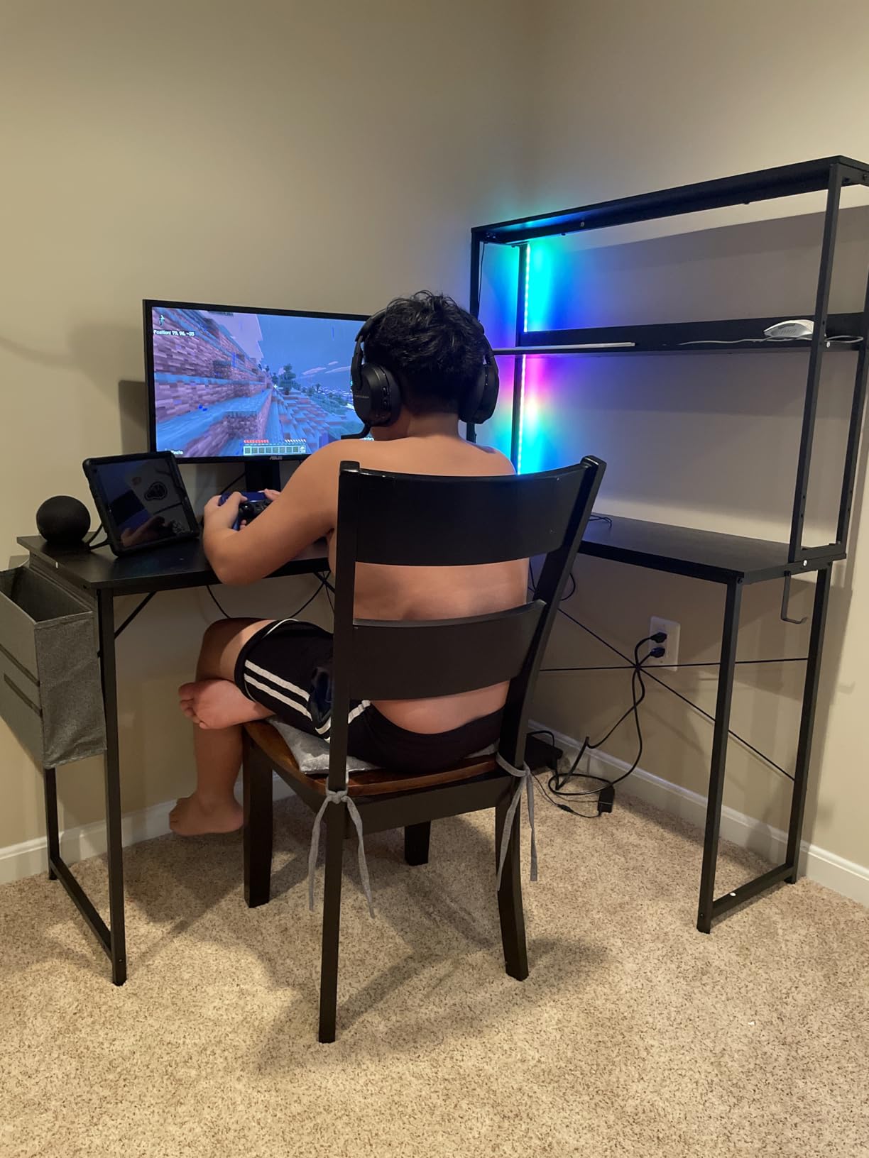 ODK 53 Inch L Shaped Gaming Desk with LED Lighting, Reversible Desk with Power Outlets, Cornor Computer Table with Storage Shelves & Bag & Iron Hook, Home Office Table for Writing, Study, Black customer photo 2