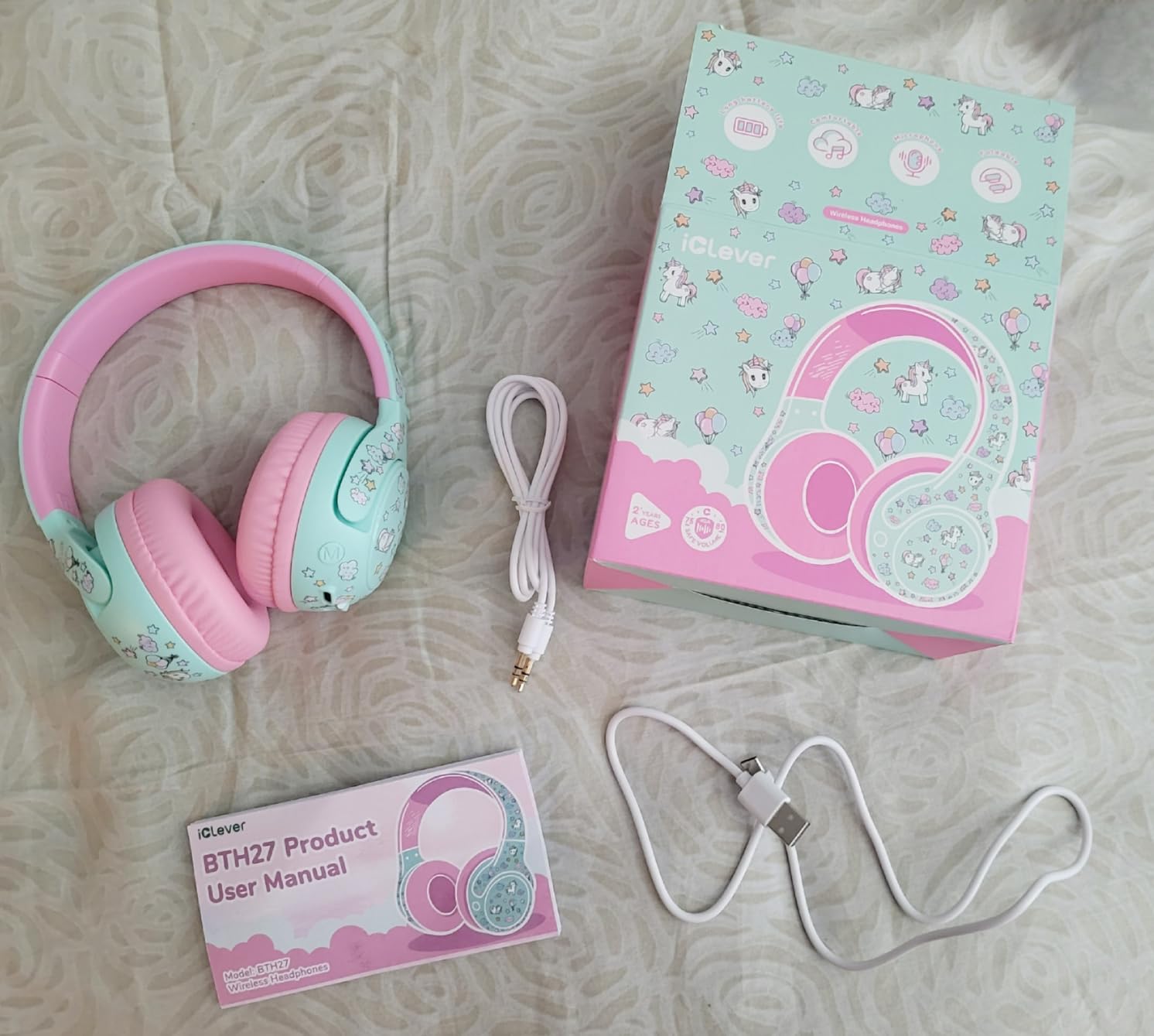 iClever BTH27 Toddler Headphones for 2+ Year Old-CPC Certified, 75/80dBA Safe Volume Limited, 74H Playtime, Bluetooth 5.4, BPA Free, Kids Bluetooth Headphones Aux Cord for Travel iPad, Green/Pink customer photo 2