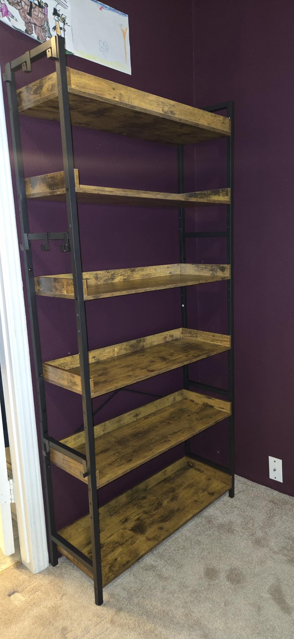 HCHQHS Bookshelf, Adjustable Industrial Bookcase, Vertical Tall Book Shelf, Wood and Black Metal Open Bookshelves, Rustic Brown, 6-Tier (31