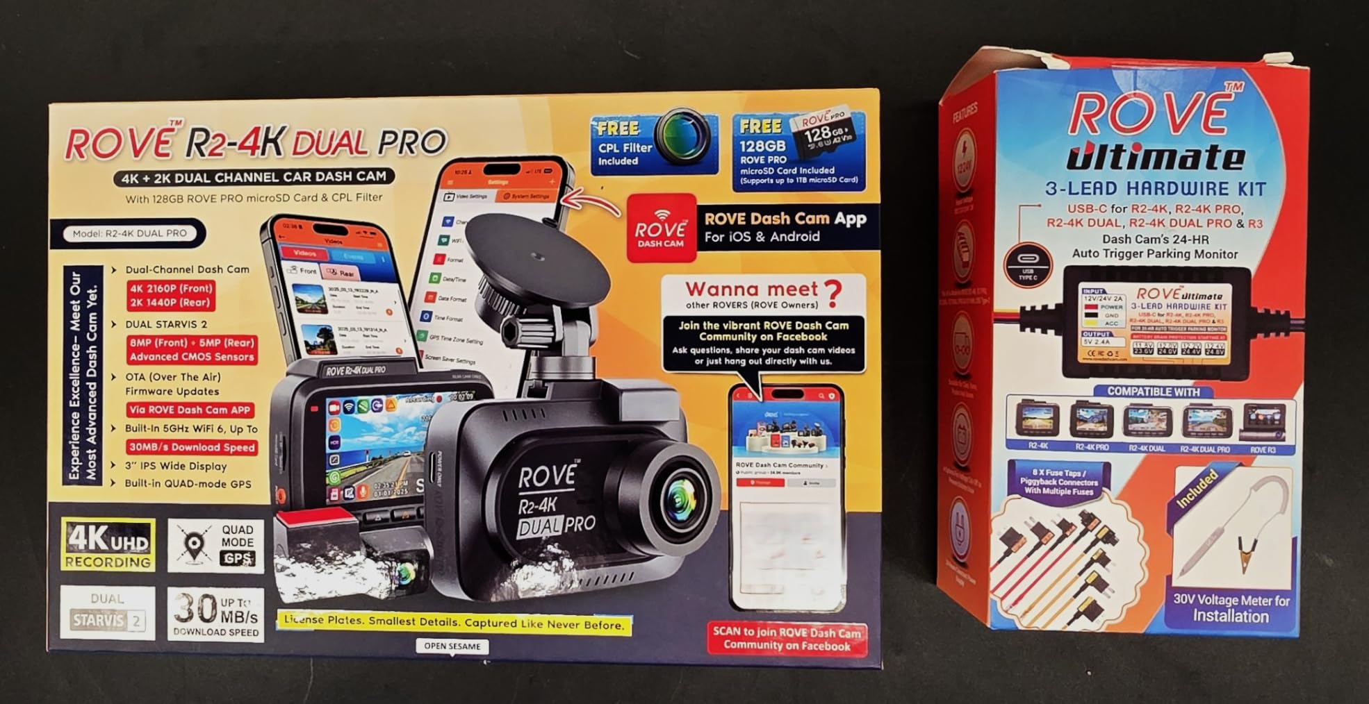 ROVE R2-4K Dual PRO Dash Cam Front and Rear, 4K+2K Dash Camera for Cars, Dual STARVIS 2 IMX678 + IMX675 Sensors, Free 128GB Card + CPL, WiFi 6 - up to 30MB/s Download Speed, 3