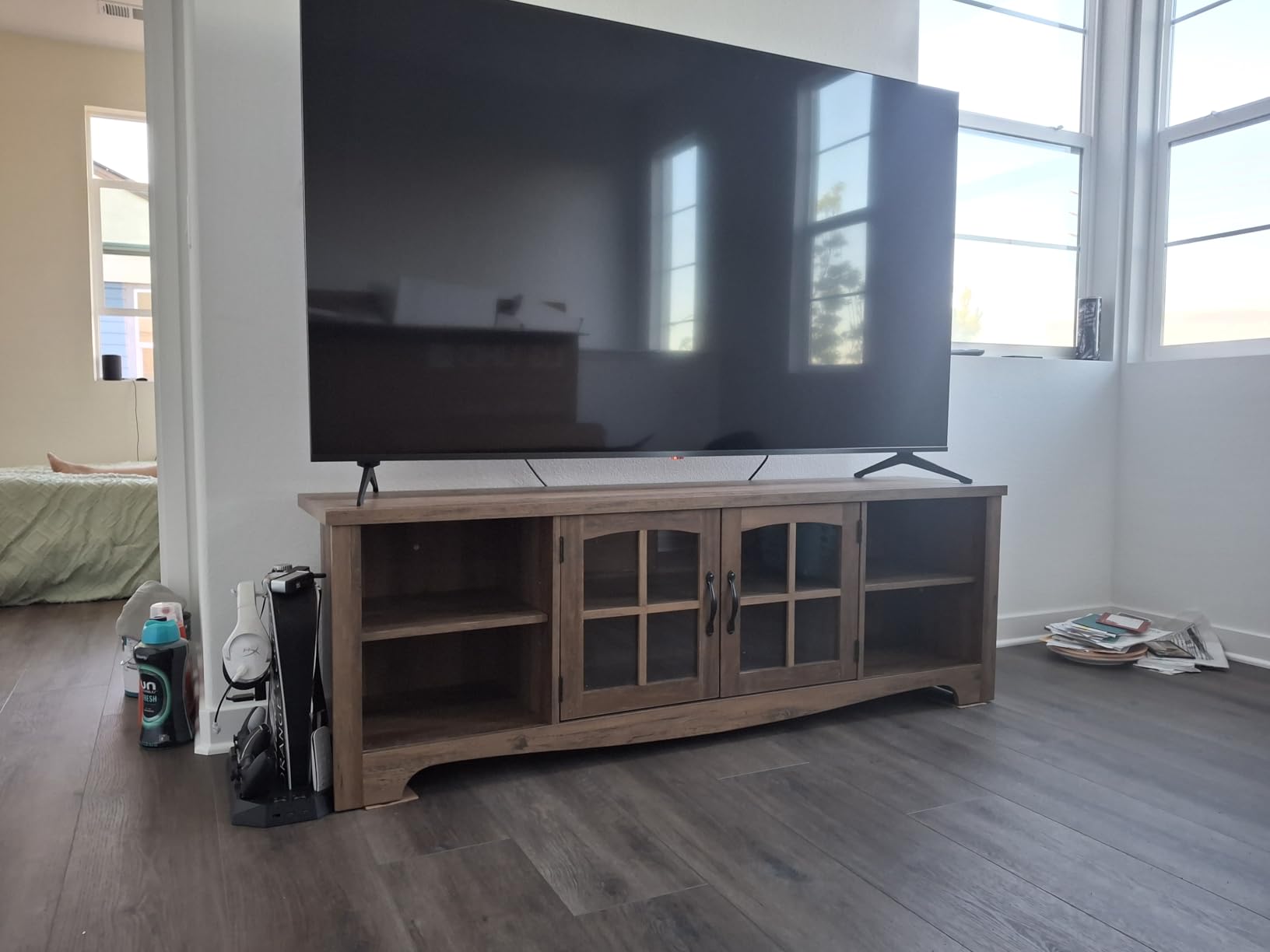 LINSY HOME TV Stand for 75 Inch TV, Modern Farmhouse Entertainment Center with Storage Cabinets and Glass Doors, Tall Media Console Table for Living Room, Bedroom, Large Long Television Stand, Beige customer photo 1