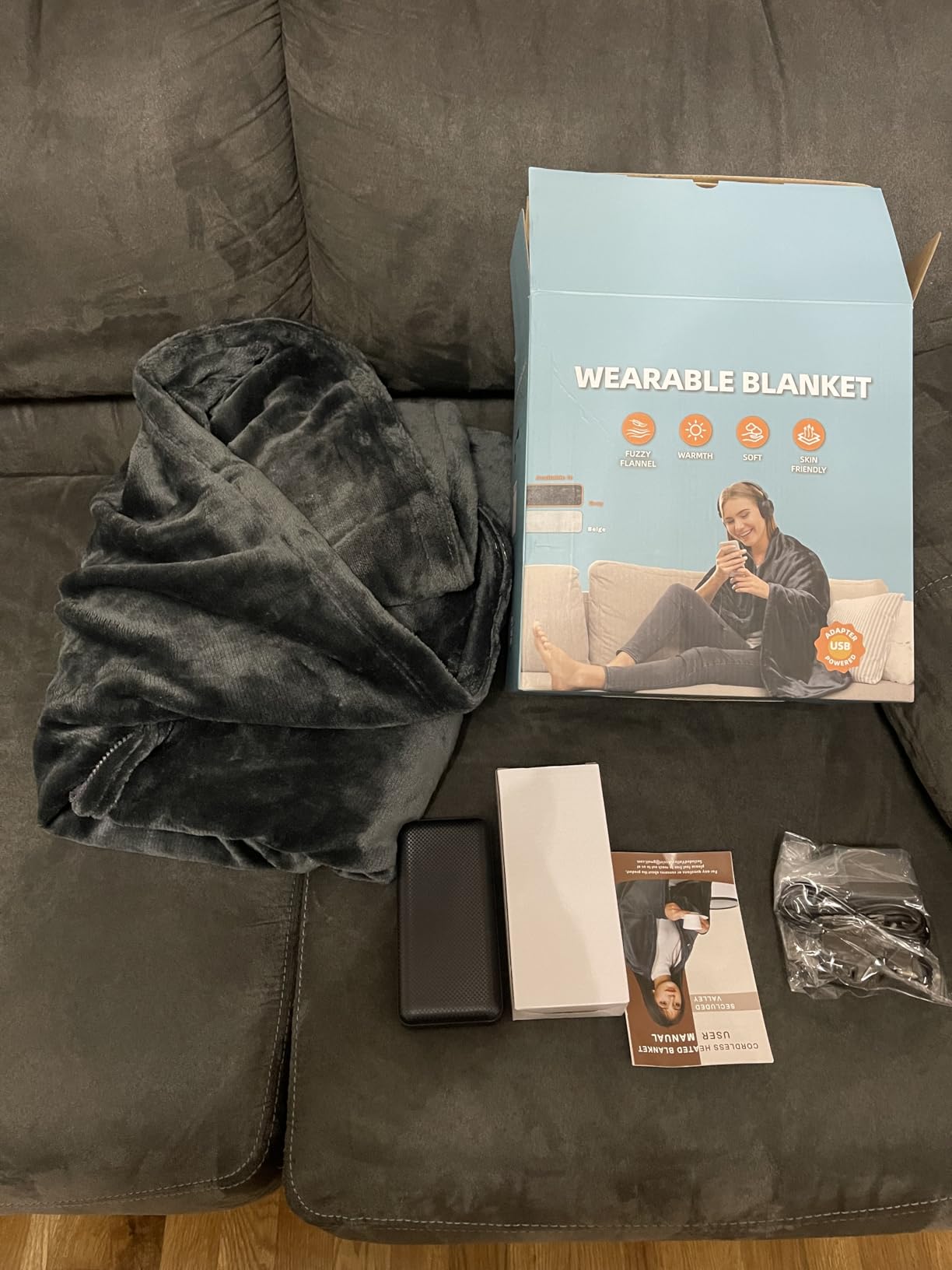 Cordless Heated Blanket with Hood, USB Battery Powered Heated Wearable Blanket with 9 Heating Zones, 20000 mAh Power Bank, 3 Levels, Portable Heated Throw Blanket, Heated Shawl (Warm Comfort Gray) customer photo 1