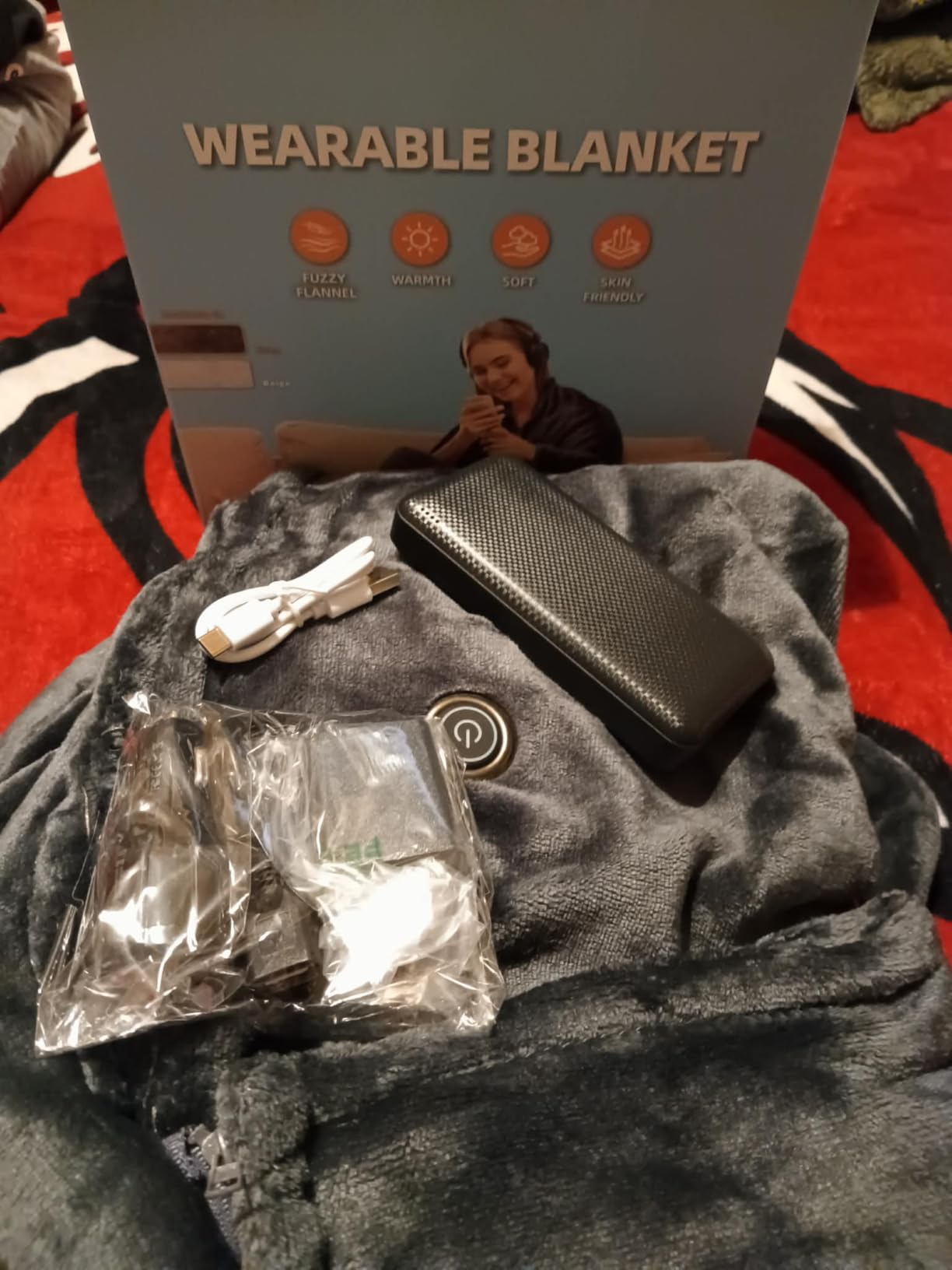 Cordless Heated Blanket Battery Powered; USB Wearable Portable Heated Throw Blanket with Hood, 20000 mAh Battery, 9 Heating Zone, 3-Level; Portable Heated Shawl Cordless; Camping (Warm Stone Gray) customer photo 2
