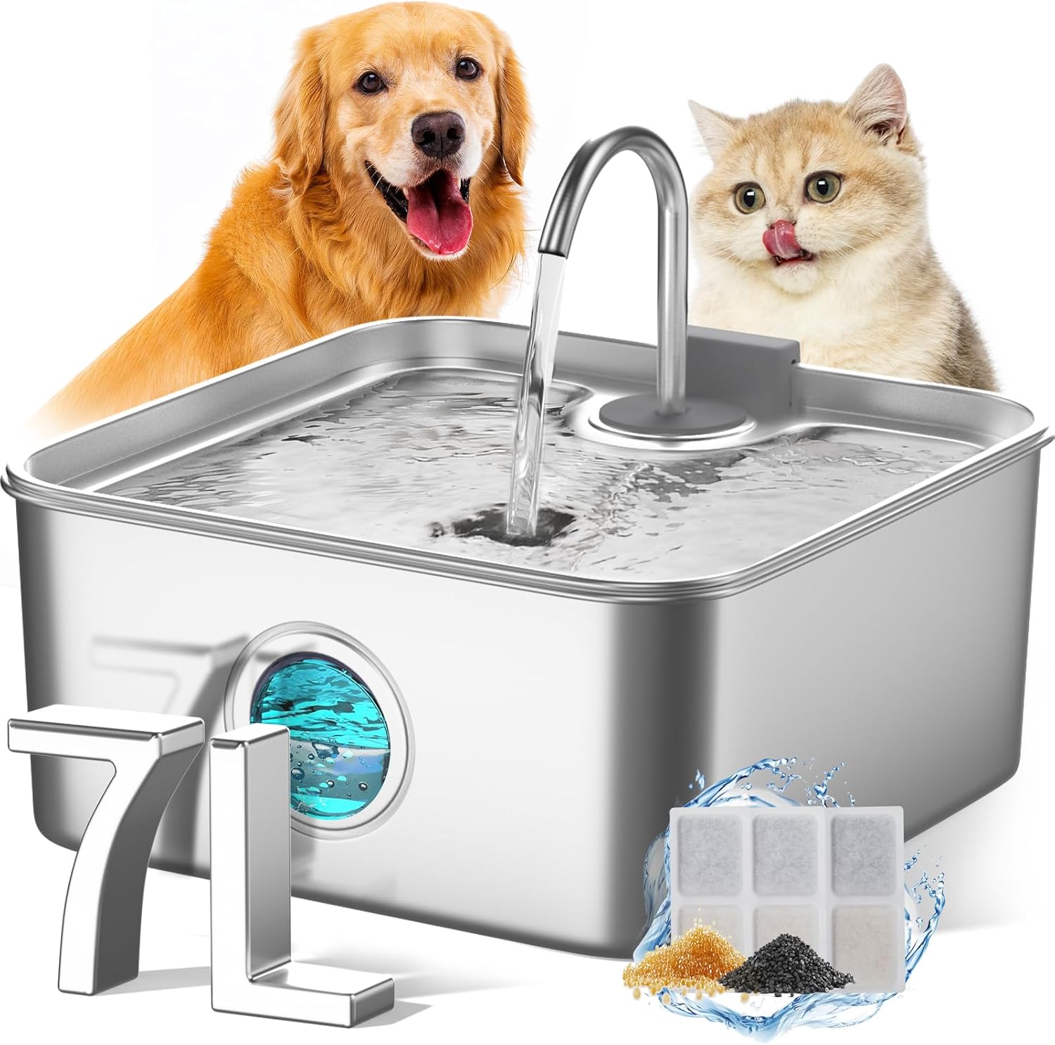 FUKUMARU Dog Water Fountain, 1.8 Gal/7L Stainless Steel Large Pet Fountain for Multi-Pet Households, 2026 Upgraded Ultra Quiet Automatic Water Dispenser with 4-Stage Filtration & 3 Filters, Silver customer photo 1