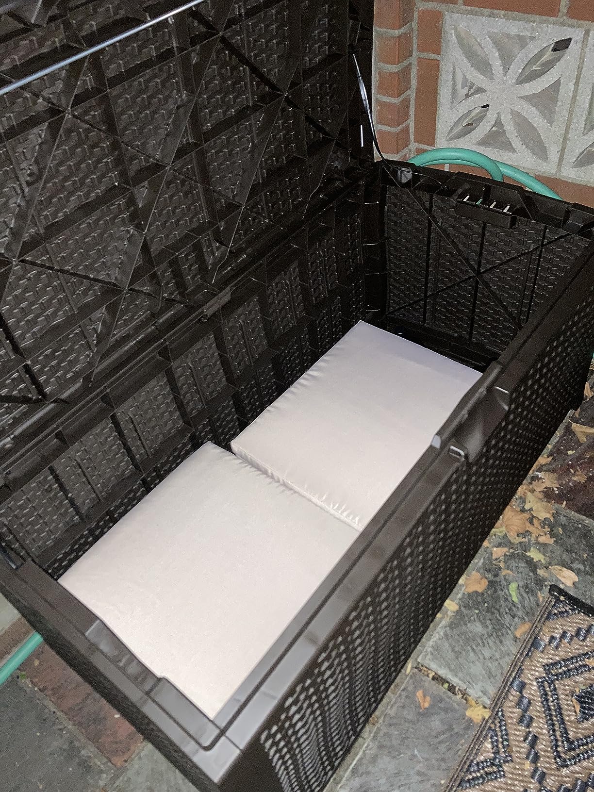 Suncast Outdoor Storage Box - 73 Gallon Mocha Brown Deck Box for Patio, Weather-Resistant Outdoor Storage Bench, Resin Wicker Style, Heavy-Duty, Lockable Lid for Cushions, Shoes, Pool & Garden Gear customer photo 1