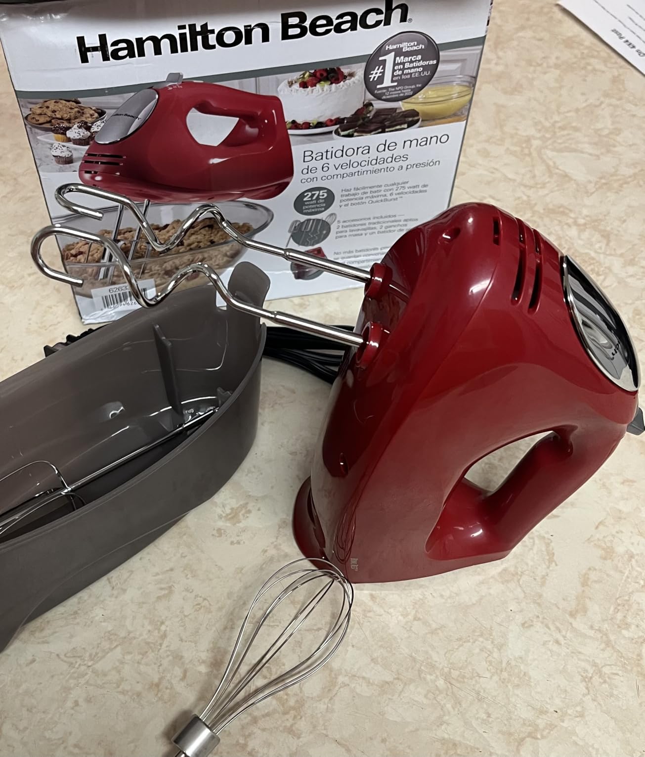 Hamilton Beach 6-Speed Electric Hand Mixer with Whisk, Traditional Beaters, Dough Hooks, Snap-On Storage Case, 275 Watts, Red customer photo 1