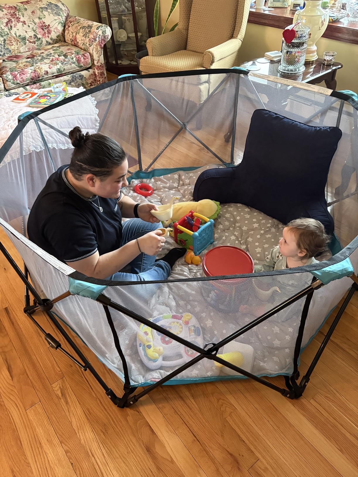 Regalo Safety My Play Deluxe Extra Large Baby Playpen & Portable Play Yard, Foldable 8-Panel Indoor Outdoor Playpen for Babies & Toddlers, Mesh Sides, Washable Nylon Bottom, 62 Inch, Aqua/Black customer photo 2