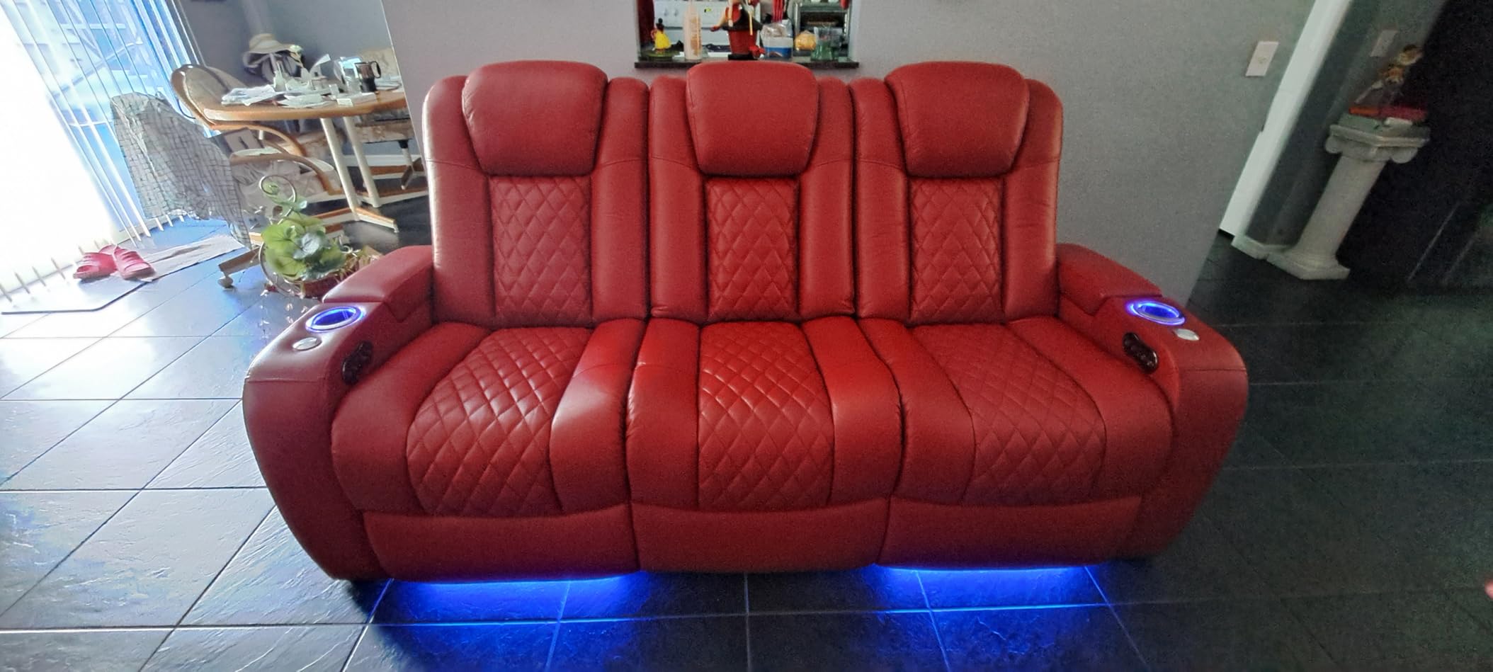 Seatcraft Anthem Home Theater Seating - Italian Leather - Power Recline Sofa - Fold-Down Table - Powered Headrests - Arm Storage - USB Charging - Cup Holders, Red customer photo 1