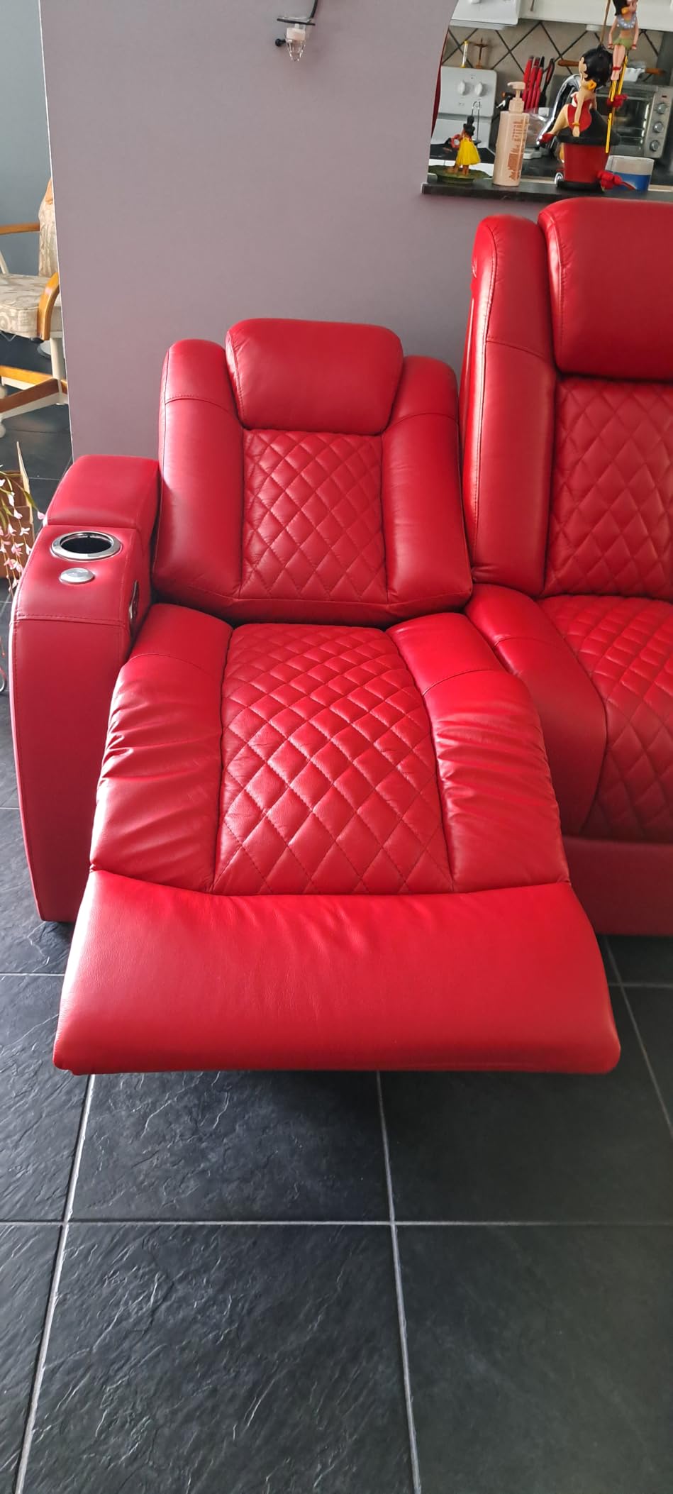 Seatcraft Anthem Home Theater Seating - Italian Leather - Power Recline Sofa - Fold-Down Table - Powered Headrests - Arm Storage - USB Charging - Cup Holders, Red customer photo 2