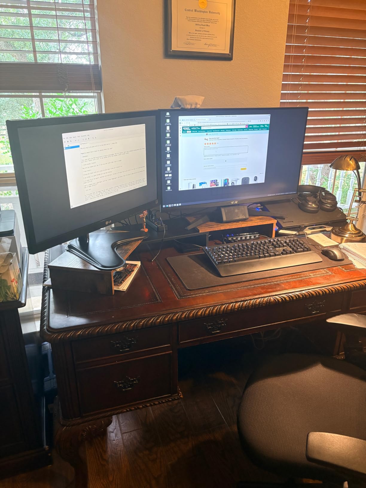 TAVR Dual Monitor Stand Riser Office Desktop Organizer Stand for 2 Monitors, Adjustable Length and Angle 3 Shelf, Extra Long Multifunctional Wooden Stand up to 43.3