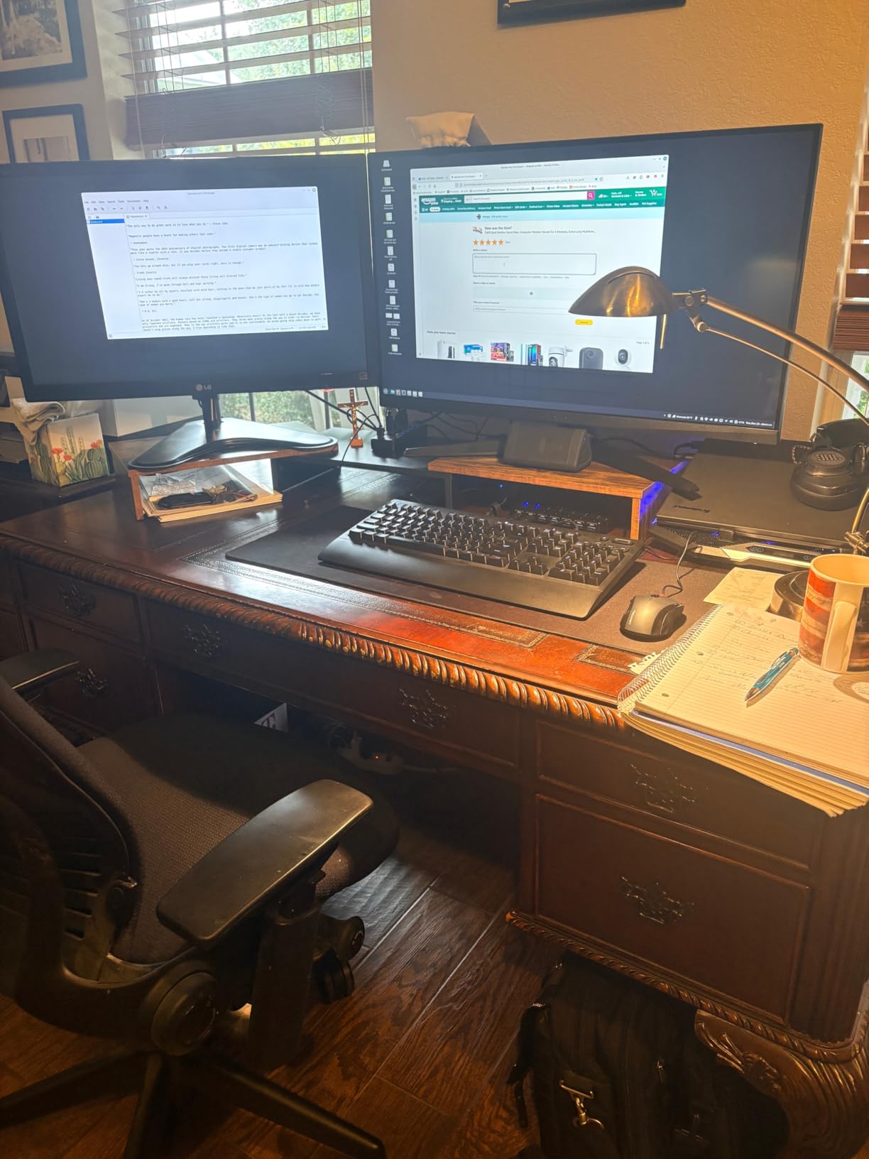 TAVR Dual Monitor Stand Riser Office Desktop Organizer Stand for 2 Monitors, Adjustable Length and Angle 3 Shelf, Extra Long Multifunctional Wooden Stand up to 43.3