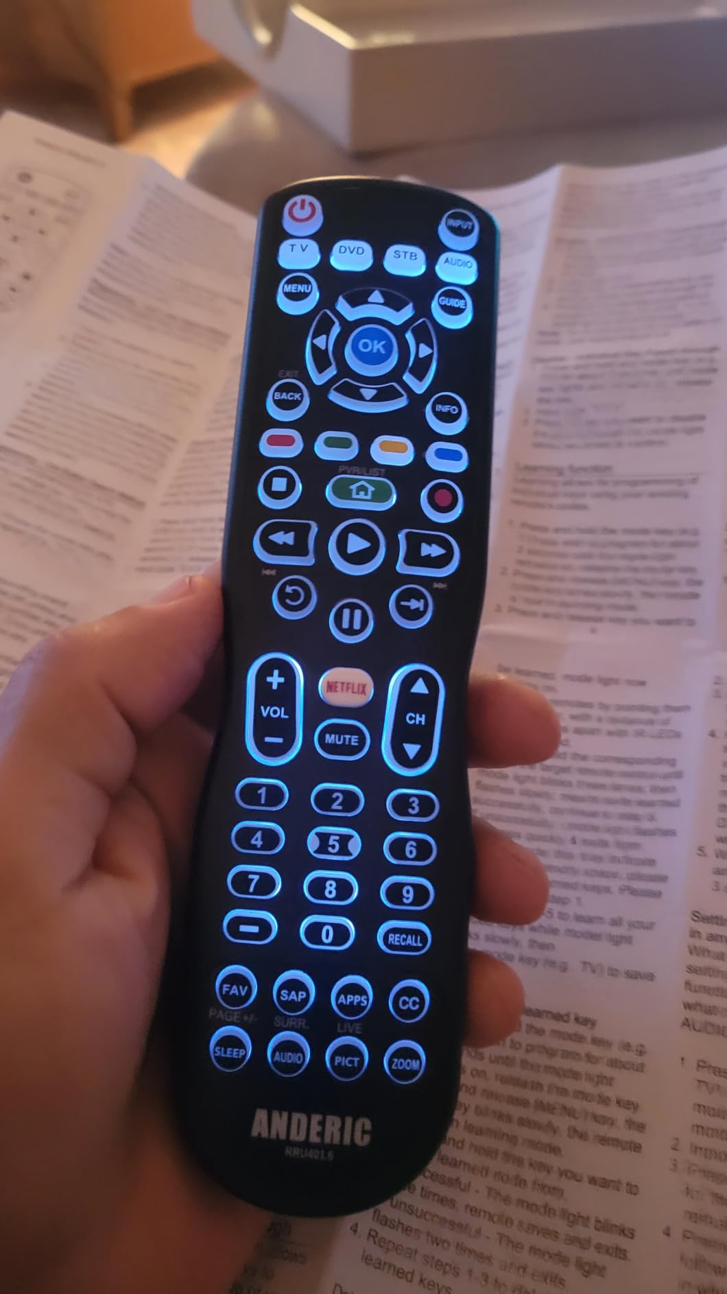 Anderic RRU401 4-in-1, 4-Device IR Universal Remote Control with Macro, Learning, Backlit, Netflix Apps Keys for All TVs, Streaming Players, BluRay Player, Audio, Cable, Roku, Apple TV and More customer photo 1