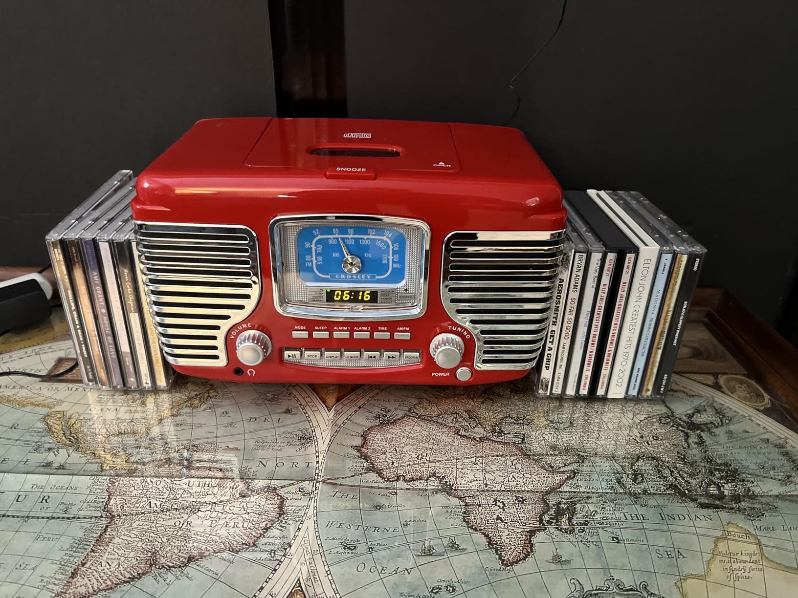 Crosley CR612B-RE Corsair Retro AM/FM Alarm Clock Radio and CD Player with Stereo Bluetooth Speakers, Red customer photo 1