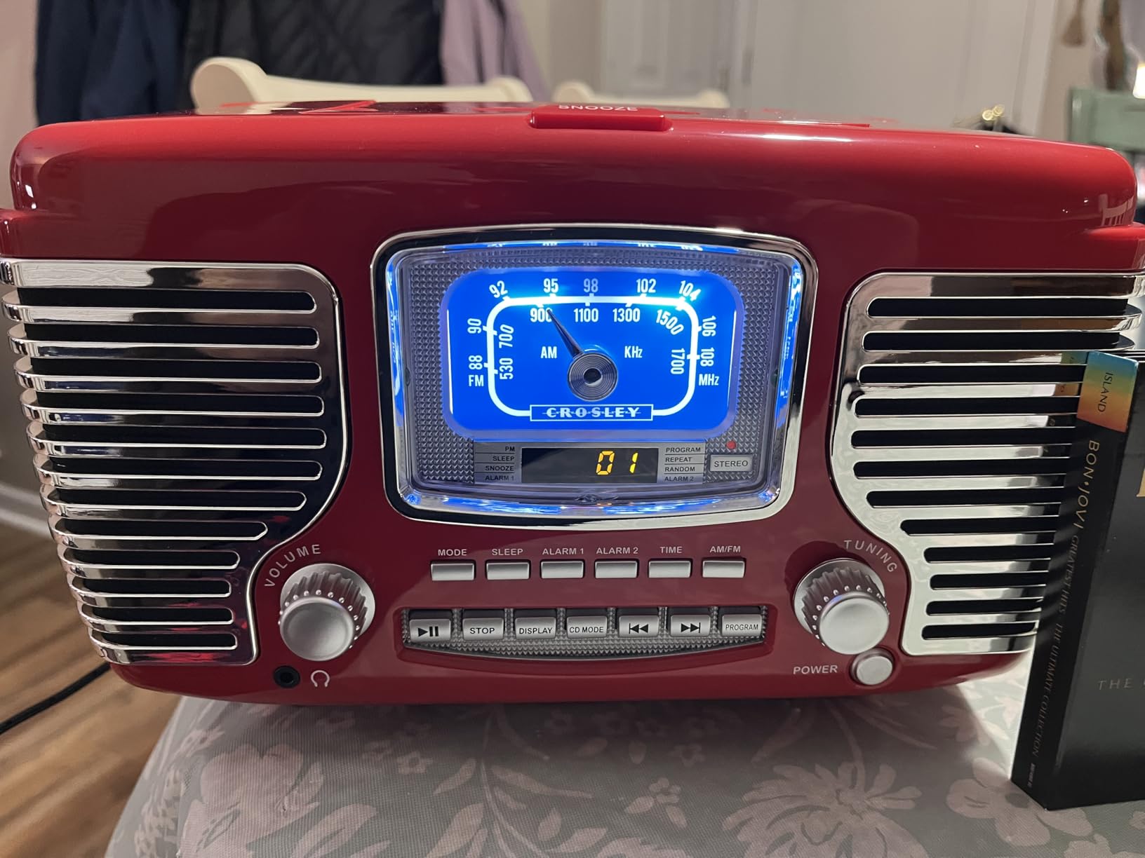 Crosley CR612B-RE Corsair Retro AM/FM Alarm Clock Radio and CD Player with Stereo Bluetooth Speakers, Red customer photo 2