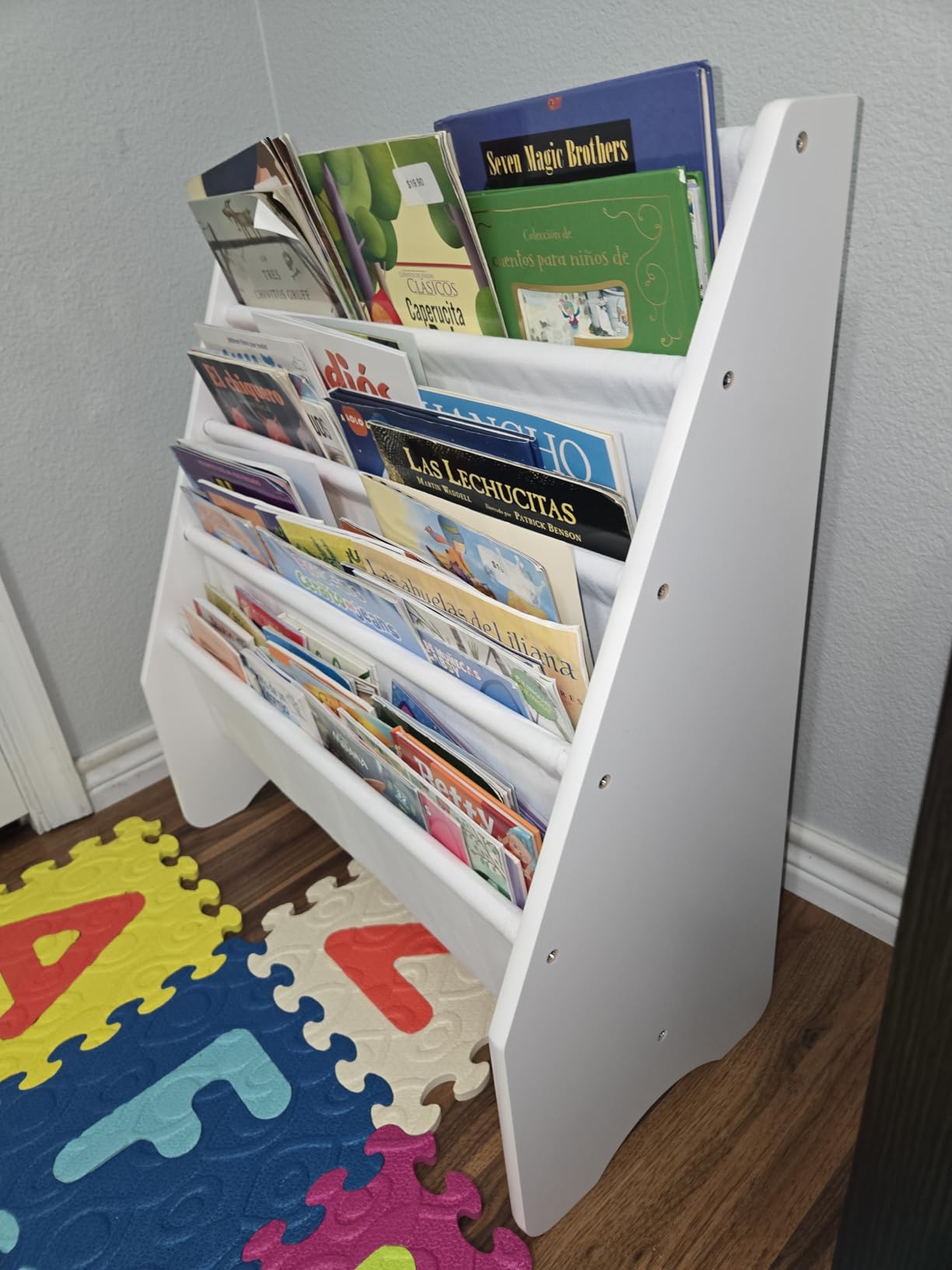UTEX Kids Bookshelf Storage, Book Shelf for Kids Rooms, 4 Tier Sling Bookshelf for Kids, Toddler, Magazine Book Rack, Children Book Organizer, White customer photo 1