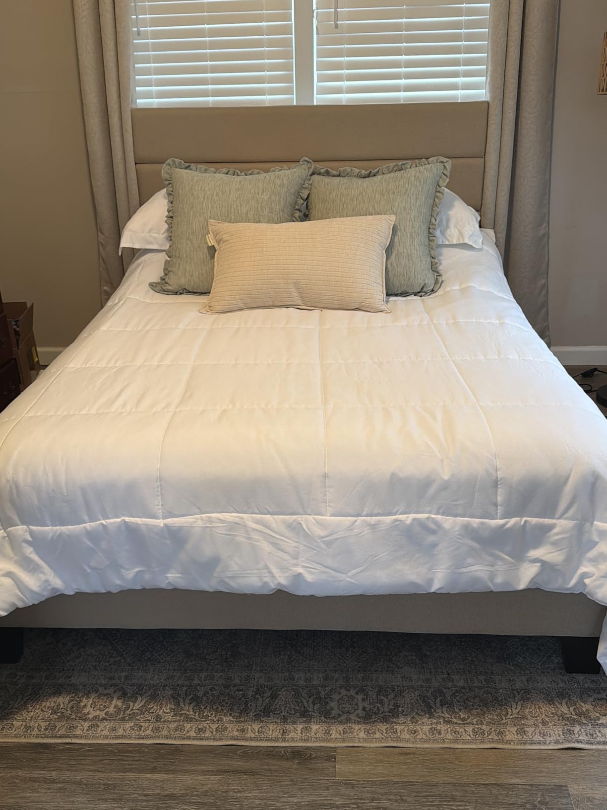 Allewie Queen Size Platform Bed Frame with Fabric Upholstered Headboard and Wooden Slats Support, Fully Upholstered Mattress Foundation, No Box Spring Needed, Easy Assembly, Dark Grey customer photo 2