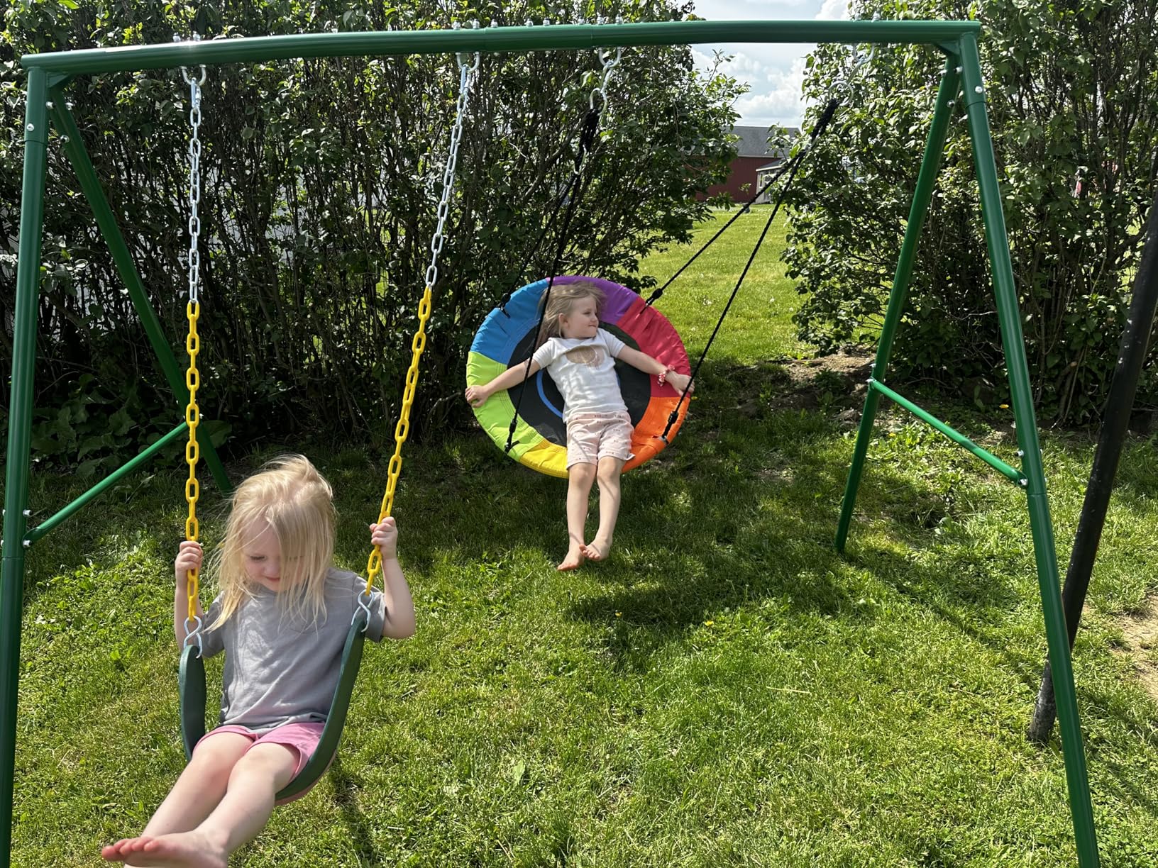 Trekassy 440lbs Capacity Swing Sets for Backyard - 2 Seat Outdoor Playset with Saucer & Belt Swing, Heavy-Duty A-Frame Metal Stand for Kids Family Fun (Patented) customer photo 1