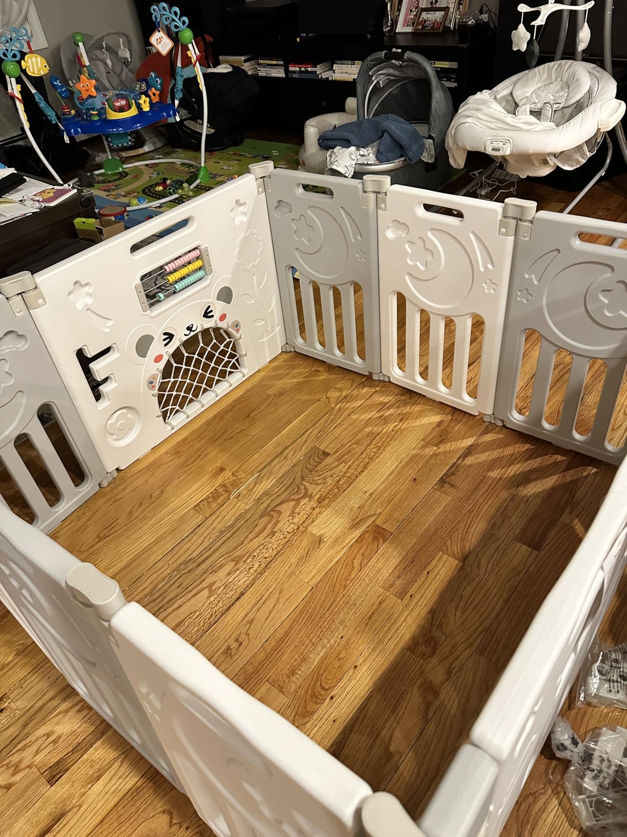 Baby Playpen, Dripex Baby Playard for Babies and Toddlers, 14-Panel Foldable Playpen Adjustable Portable Play Area, Indoor/Outdoor Kids Active Center with Game Panel & Safety Gate, Grey White customer photo 1