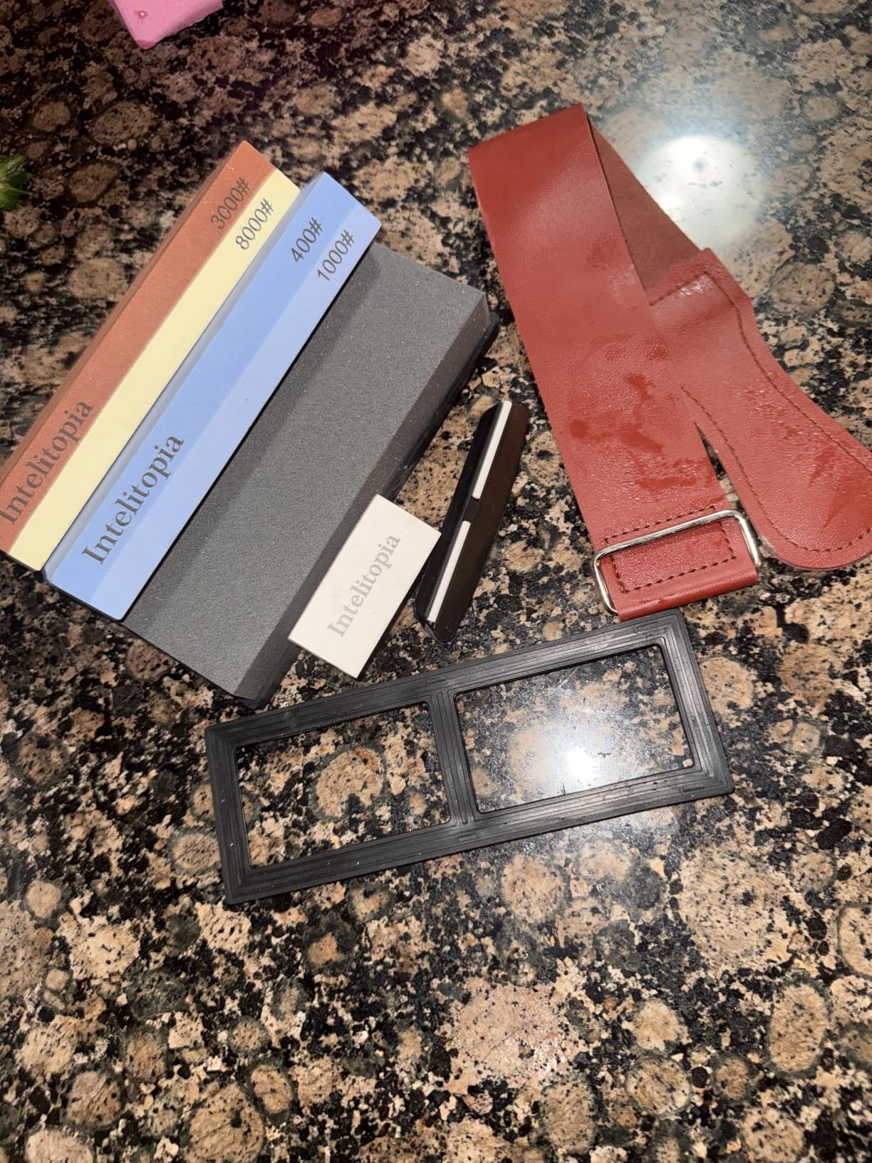 Intelitopia Complete Knife Sharpening Stone Set - Dual Grit Whetstone 400/1000 3000/8000 Knife Sharpener with Leather Strop, Flattening Stone, Bamboo Base, 3 Non-slip Rubber Bases & Angle Guide customer photo 1