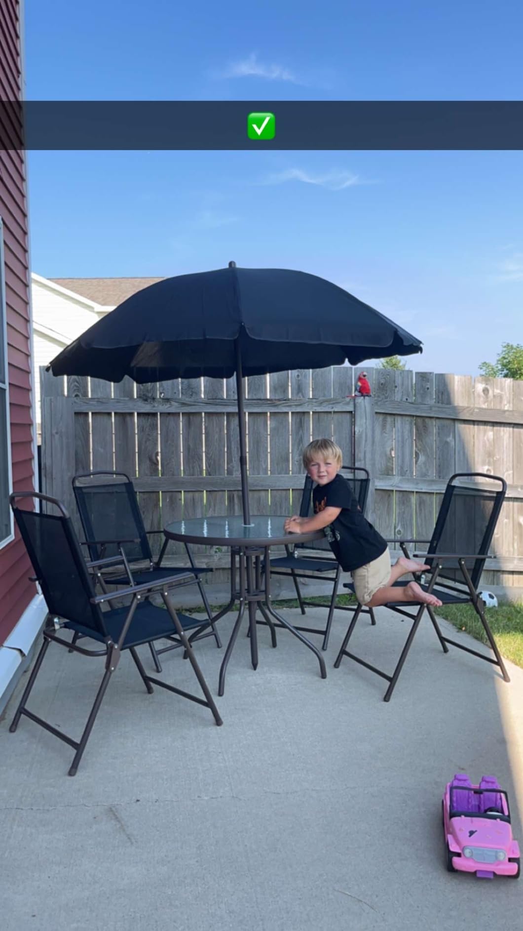 Outsunny 6 Piece Patio Dining Set for 4 with Umbrella, Outdoor Table and Chairs with 4 Folding Dining Chairs & Round Glass Table for Garden, Backyard and Poolside, Black and Coffee customer photo 1