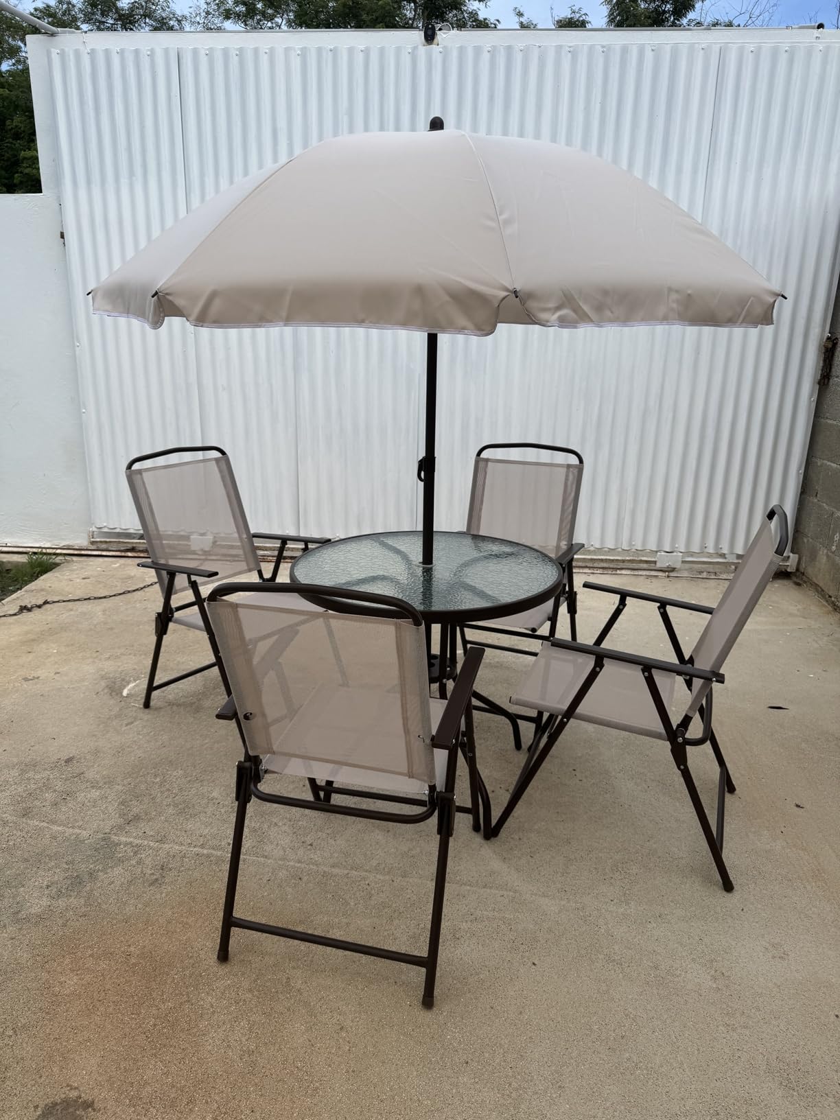 Outsunny 6 Piece Patio Dining Set for 4 with Umbrella, Outdoor Table and Chairs with 4 Folding Dining Chairs & Round Glass Table for Garden, Backyard and Poolside, Black and Coffee customer photo 2