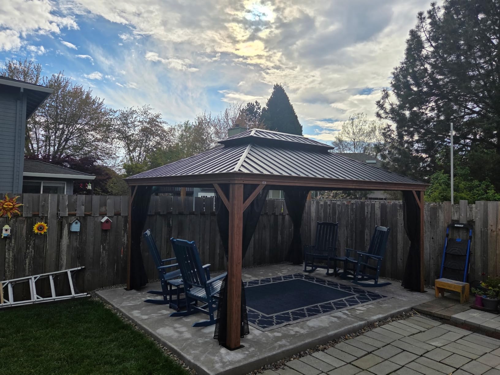 PURPLE LEAF 10' X 12' Outdoor Hardtop Gazebo for Patio Galvanized Steel Double Roof Permanent Canopy Teak Finish Coated Aluminum Frame Pavilion Gazebo with Netting customer photo 2