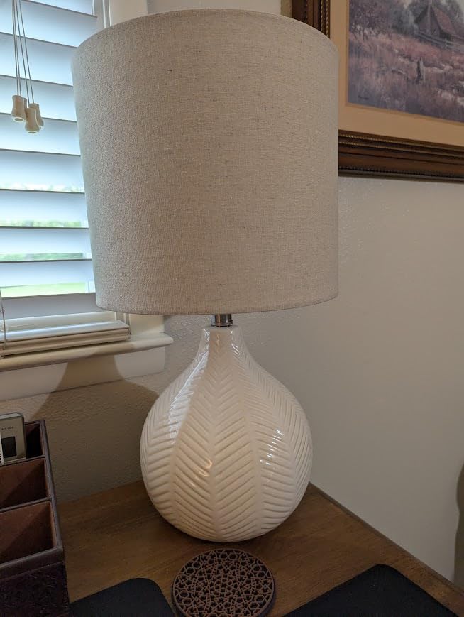Signature Design by Ashley Wardmont Contemporary Modern Table Lamp with Drum Hardback Fabric Shade, On-Off Switch, Ceramic, 17.75