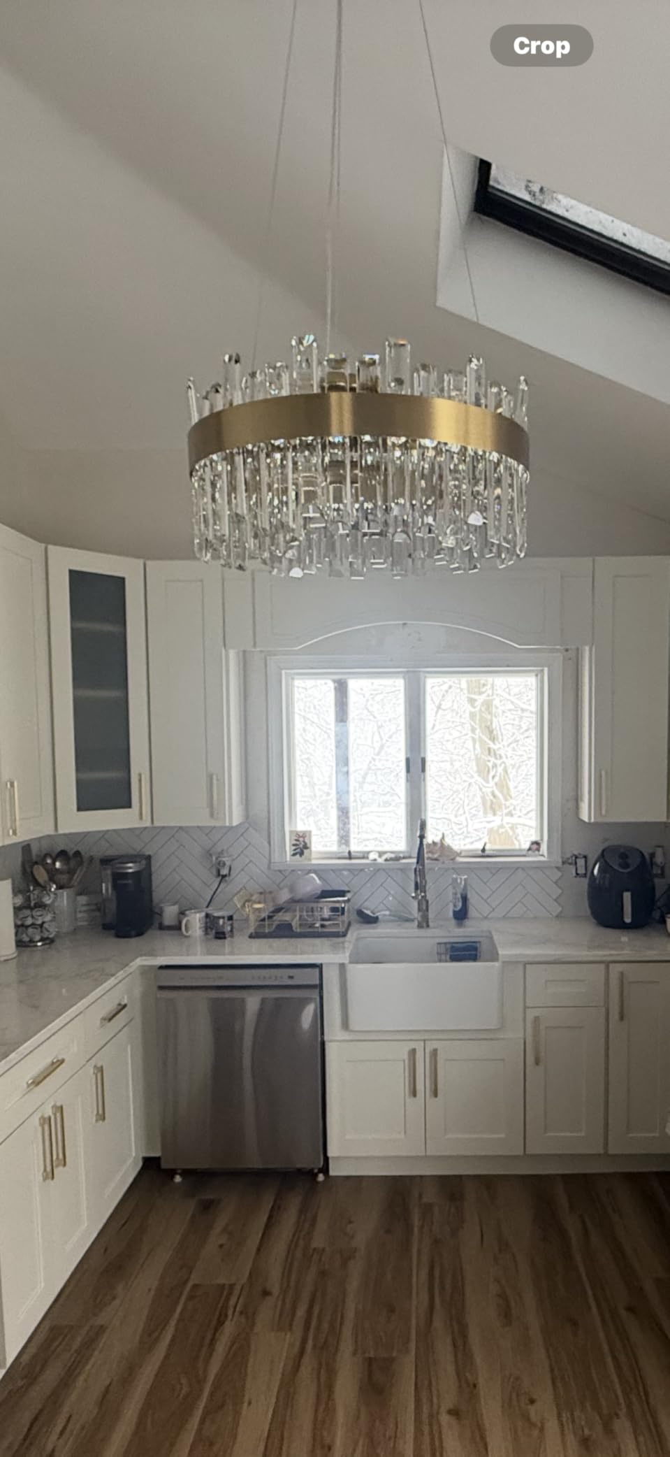 Siljoy Modern Crystal Chandelier, 12-Light Brushed Gold Round K9 Crystal Raindrop Chandelier, Luxury Dimmable Pendant Ceiling Light for Dining Room Living Room Kitchen Island Entryway Foyer, D23.6'' customer photo 2
