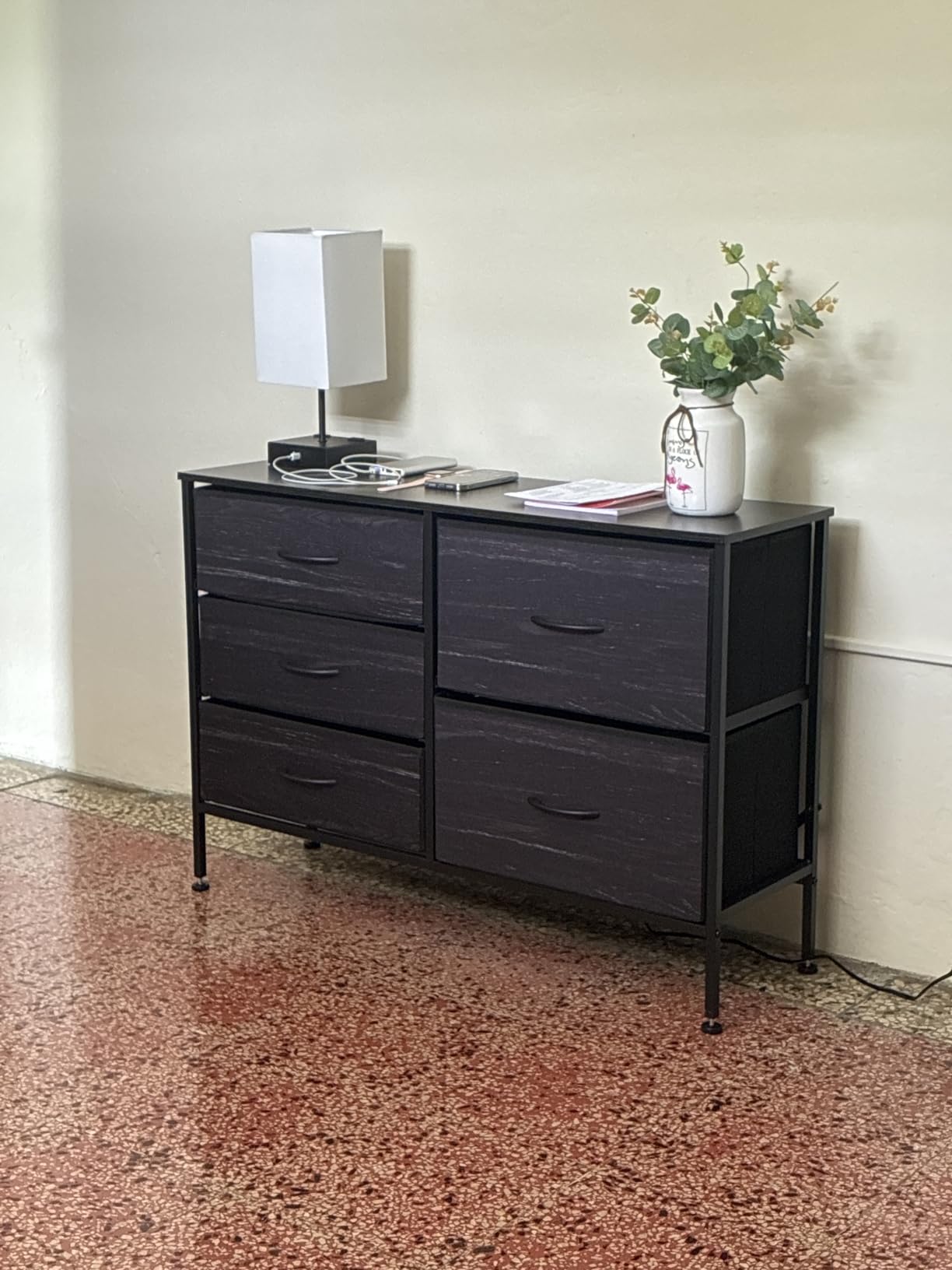 WLIVE Dresser for Bedroom with 5 Drawers, Wide Dressers with Drawer Organizers, Chest of Drawers, Fabric Dresser for Living Room, Closet, Hallway, Charcoal Black Wood Grain Print customer photo 2