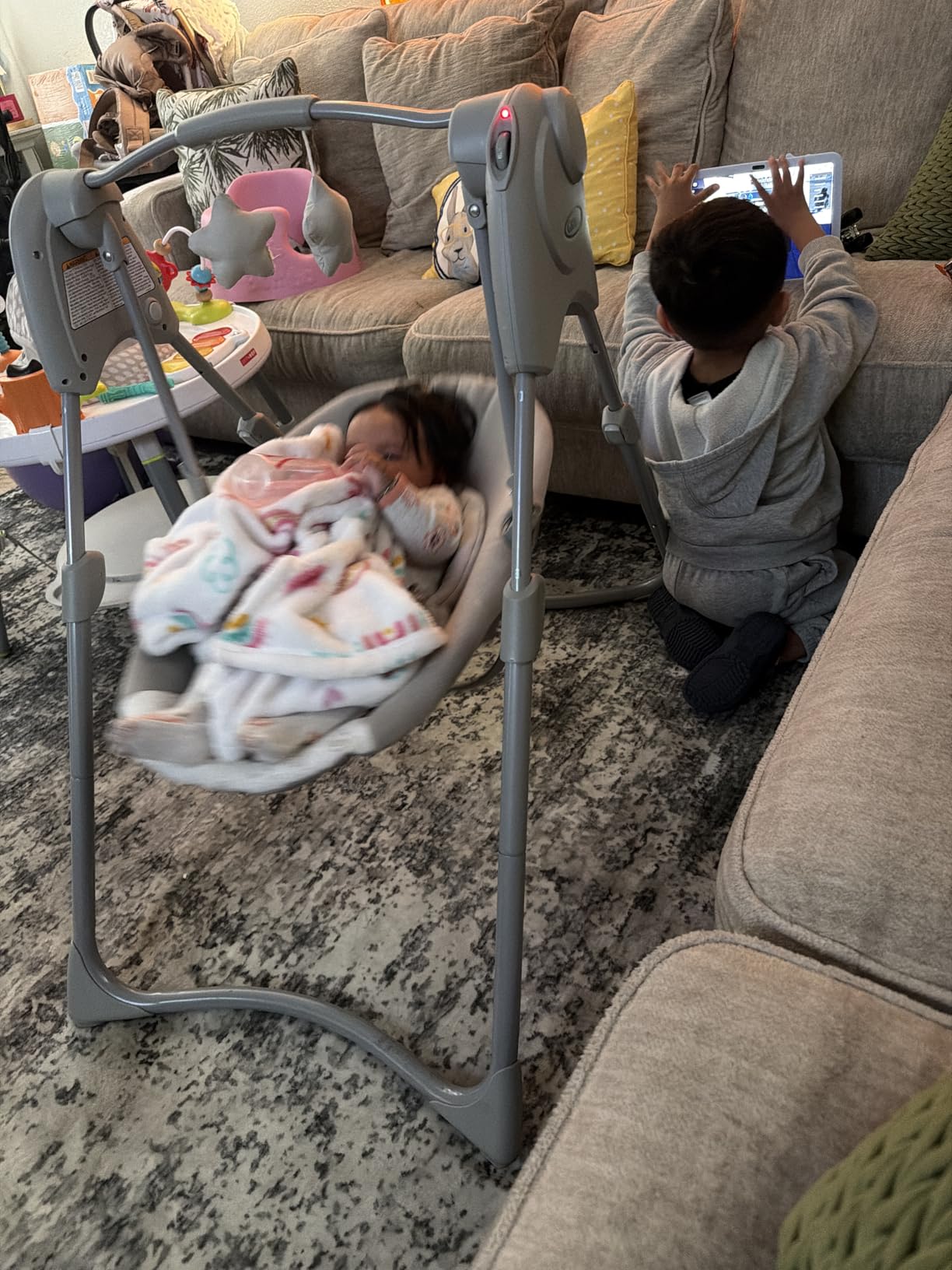 Graco Slim Spaces Compact Baby Swing, Space Saving Portable Baby Swing with Height Adjustable Legs & Soft Toys, Reign customer photo 1