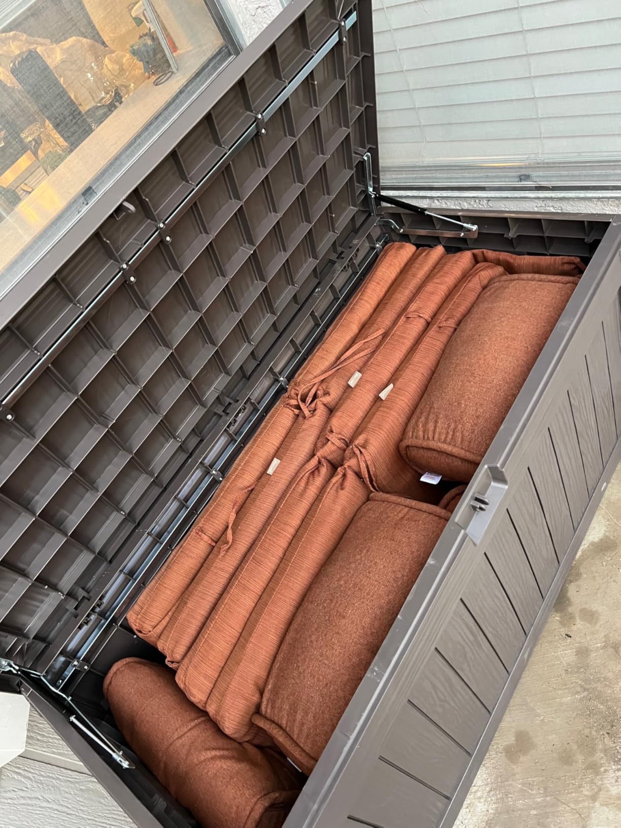 Flamaker Resin Deck Box 120 Gallon Waterproof Large Outdoor Indoor Storage Box Imitation Wood Resin for Patio Furniture Garden Tools and Pool (Black) customer photo 1