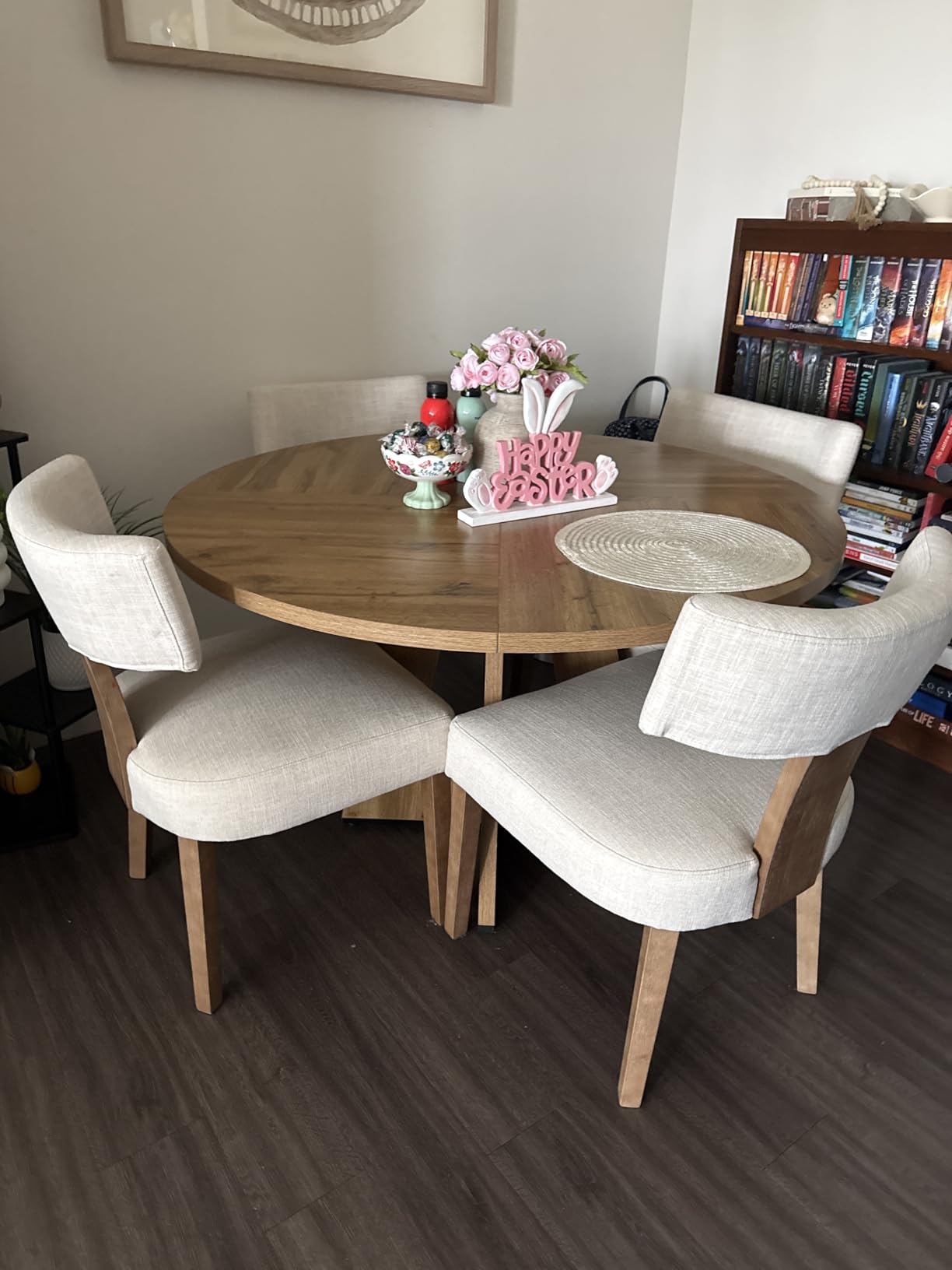 HNY Mid Century Modern Dining Chairs Set of 6, Farmhouse Linen Fabric Upholstered Accent Curved Backrest Kitchen Chairs, with Hardwood Frame, Beige, Linen customer photo 1
