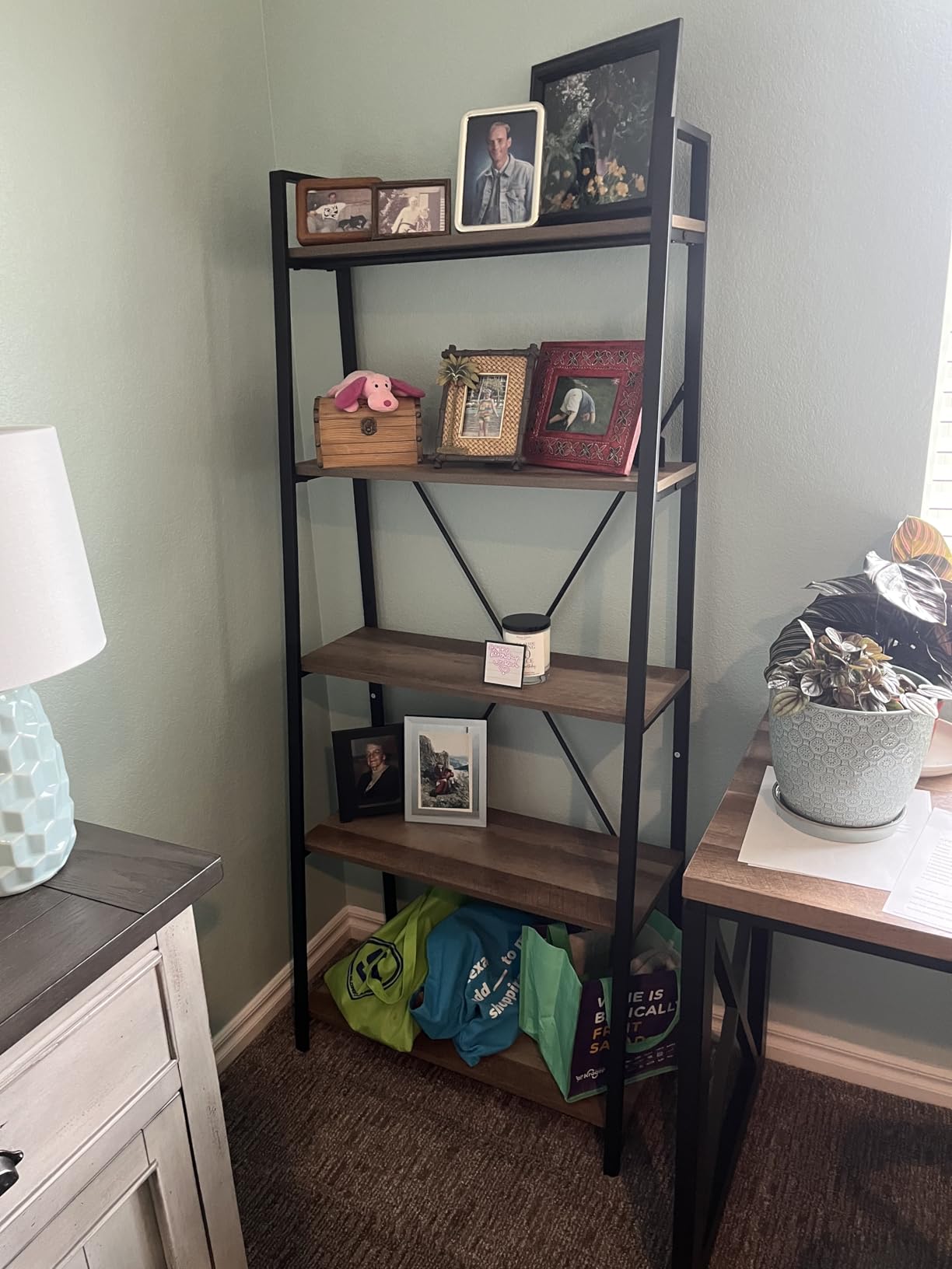 BON AUGURE Industrial 5 Tier Ladder Bookshelf, Wood and Metal Ladder Shelf Bookcase, Farmhouse Leaning Shelves for Living Room (Vintage Oak) customer photo 1