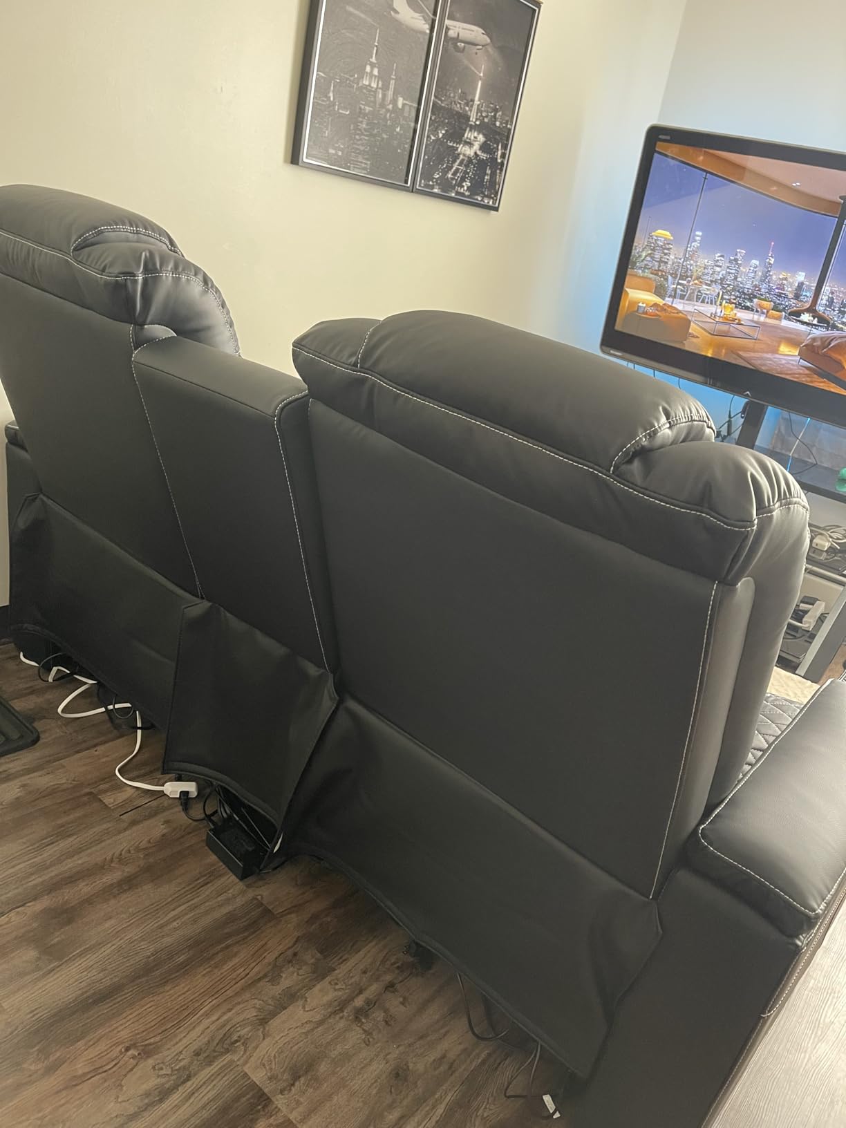 CANMOV Electric Power Recliner Chairs with USB Ports and Cup Holders, Breathable Faux Leather Home Theater Seating Recliner with Hidden Arm Storage, Ambient Lighting, Black customer photo 1