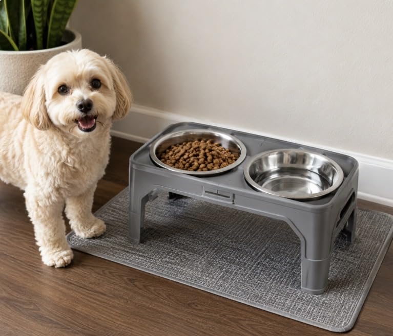 COMESOON Elevated Dog Bowls, 4 Height Adjustable Raised Bowl Stand with 2 Thick 50oz Stainless Steel Food Bowls Non-Slip Feeder Adjusts to 3.7'', 9.2'', 10.75'', 12.36'' Black customer photo 1