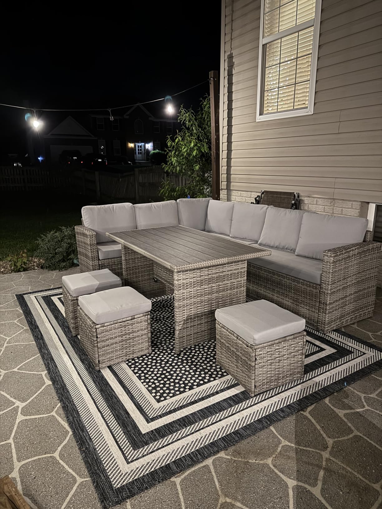 Wumiokio Patio Furniture Set, 7 Pieces Outdoor Patio Furniture with Dining Table&Chair, All Weather Wicker Conversation Set with Ottoman, Brown Rattan & Ivory Cushions (Include Sofa Dust Cover) customer photo 1